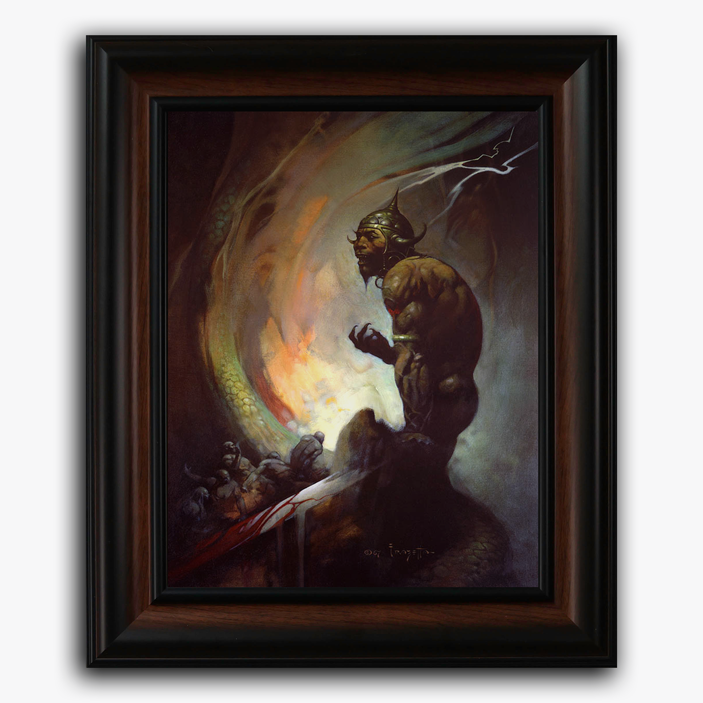 Framed fine art print of Frank Frazetta’s Mongol Tyrant, depicting a powerful warrior in shadow, clutching his blade as fiery light swirls dramatically behind him.