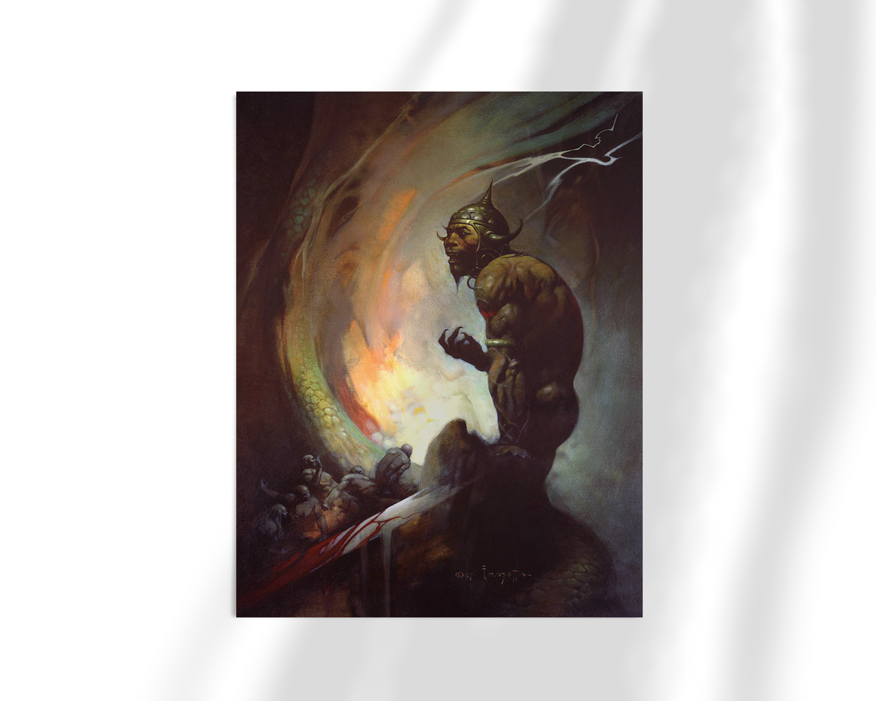 Unframed fine art print of Mongol Tyrant by Frank Frazetta. A solitary barbaric figure, brooding and battle-worn, stands with his sword in a moody, flame-lit setting.