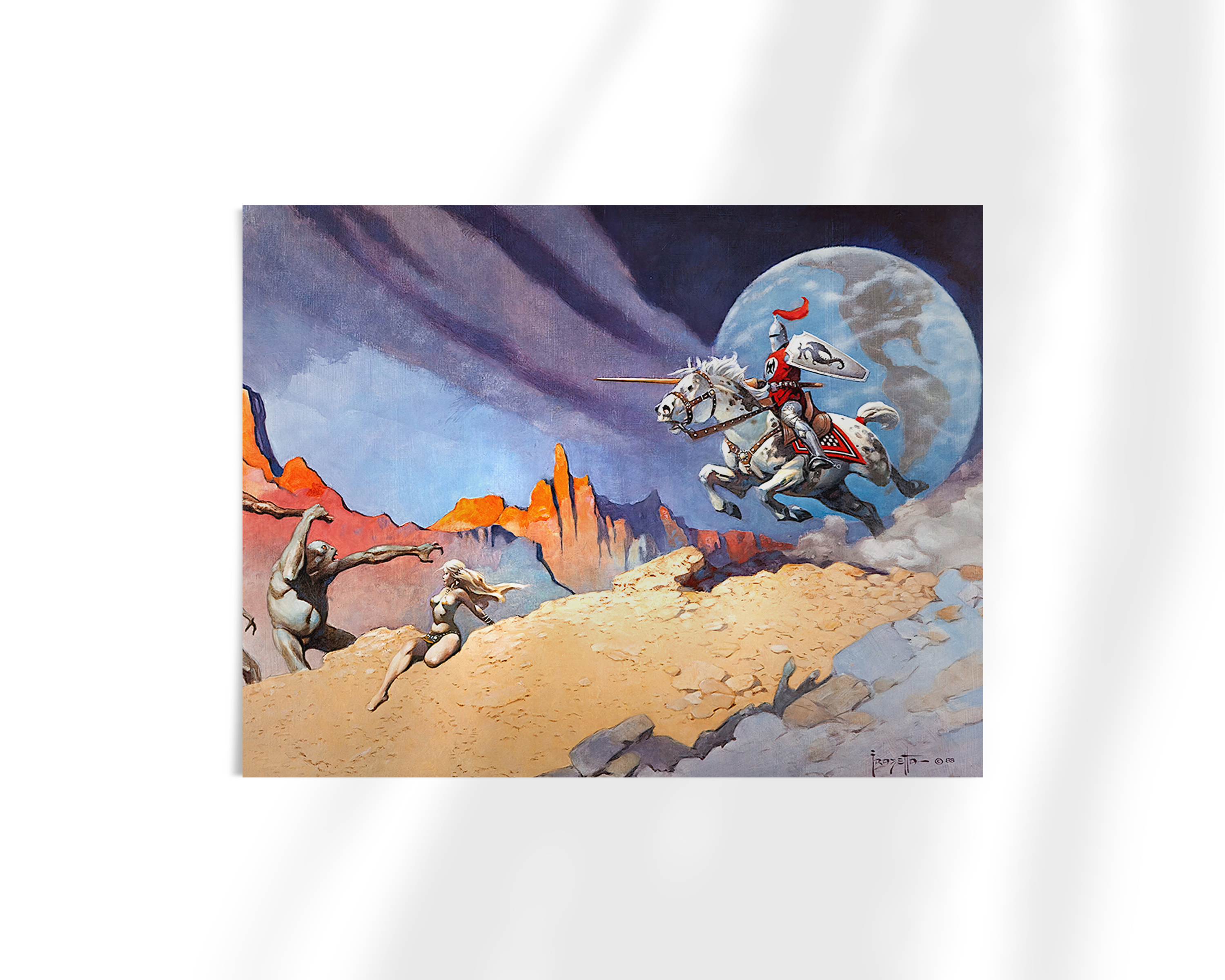 Unframed fine art print of Moonrider by Frank Frazetta, showing a red-caped warrior on a white steed soaring across a vibrant desert terrain beneath a looming Earth.