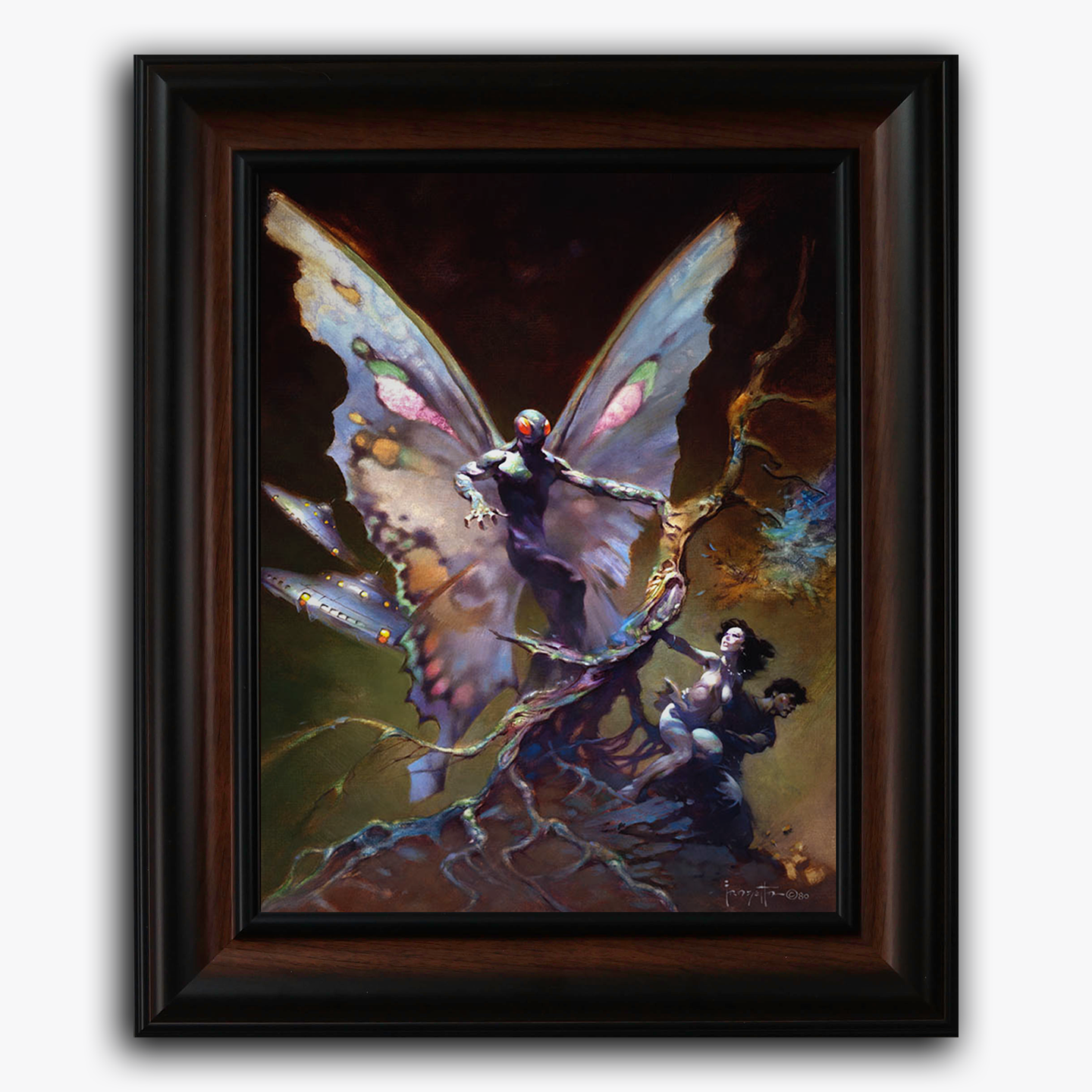 Framed fine art print of Frazetta’s Mothman, showing a winged figure emerging from deep shadows and glowing light.
