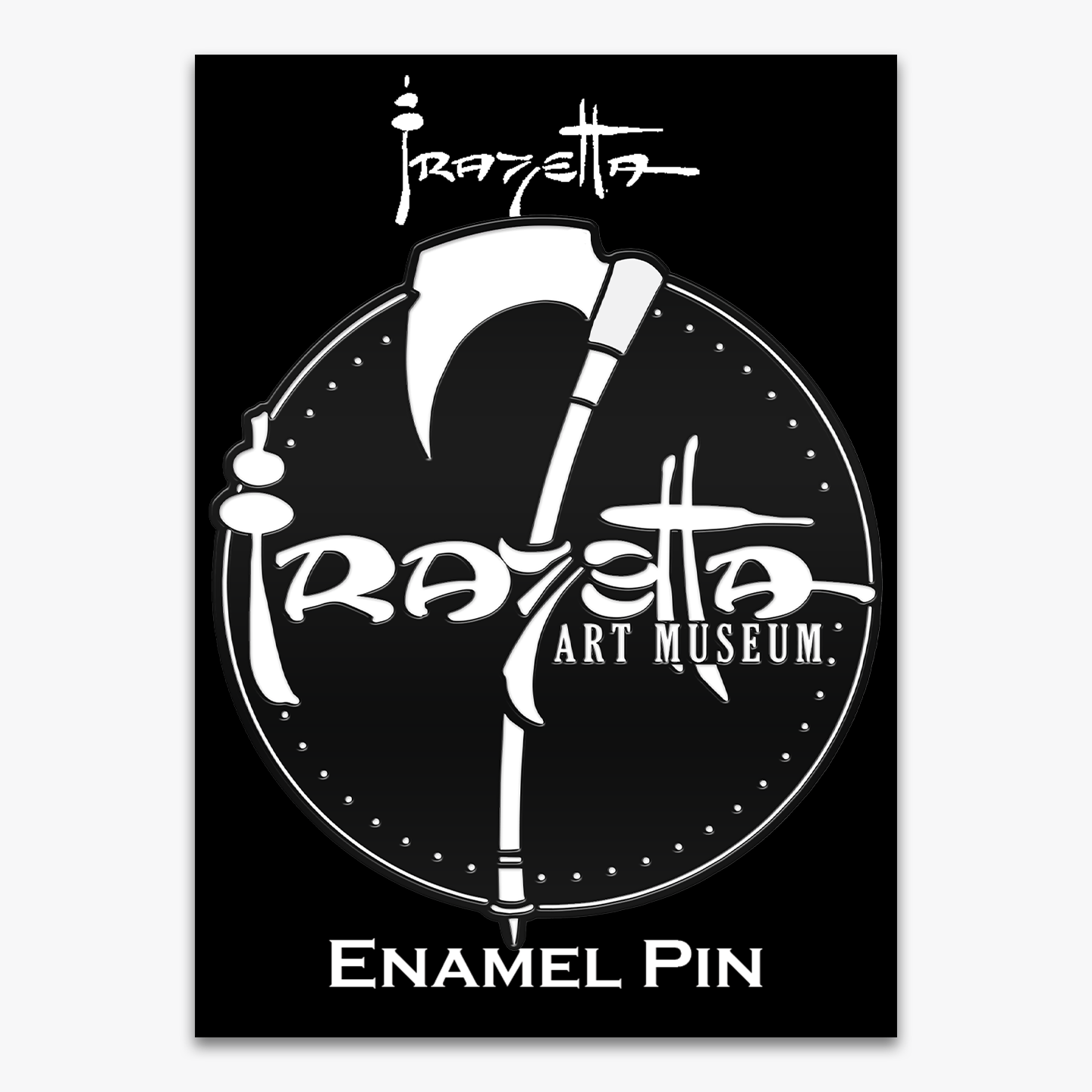 Frazetta Museum Logo enamel pin on black backer card featuring a sleek black nickel finish, perfect for collectors and fans of Frank Frazetta’s legendary artwork