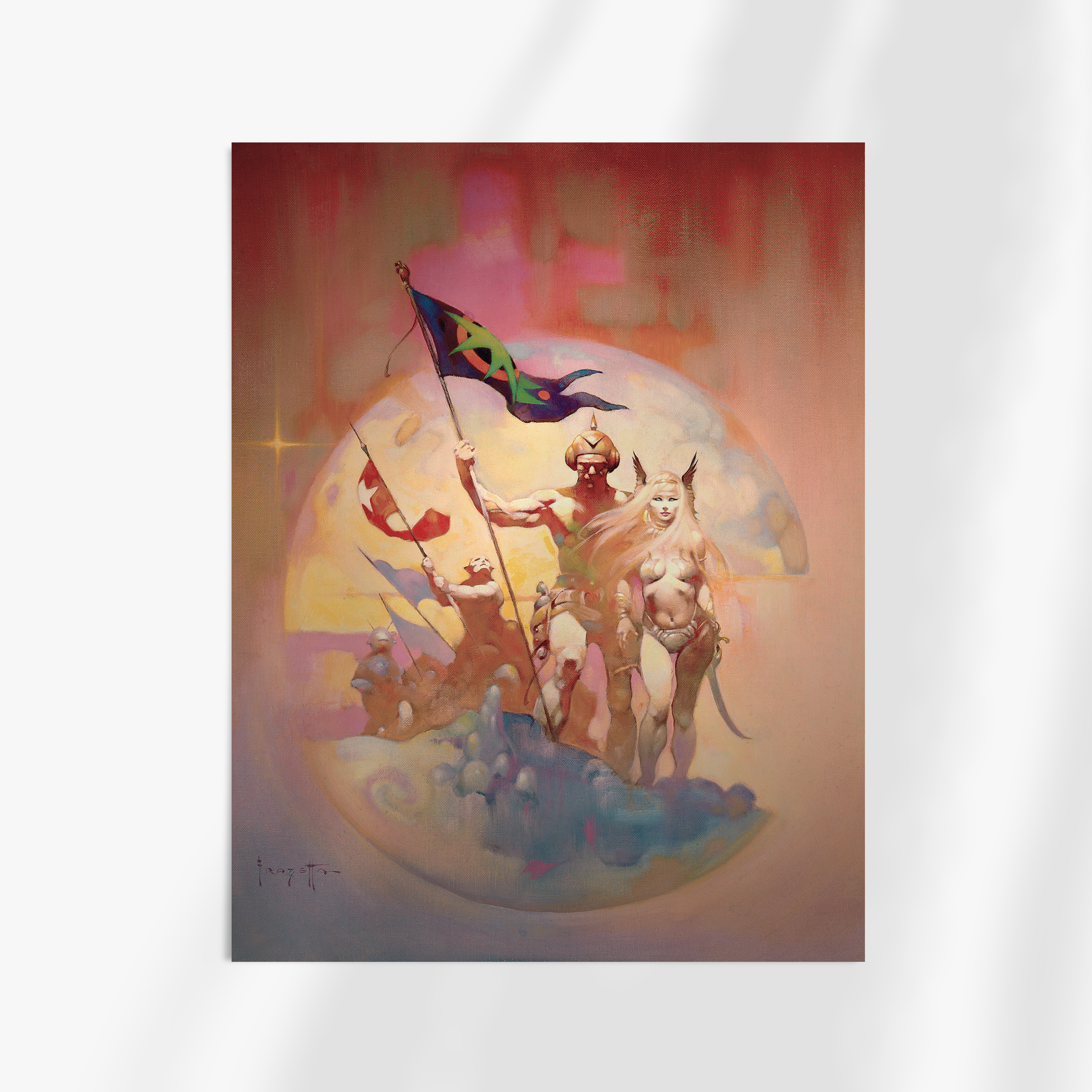 Unframed fine art print of New World by Frank Frazetta, showing explorers on horseback emerging from a haze, lifting a banner toward the sky in a golden, dreamlike atmosphere.