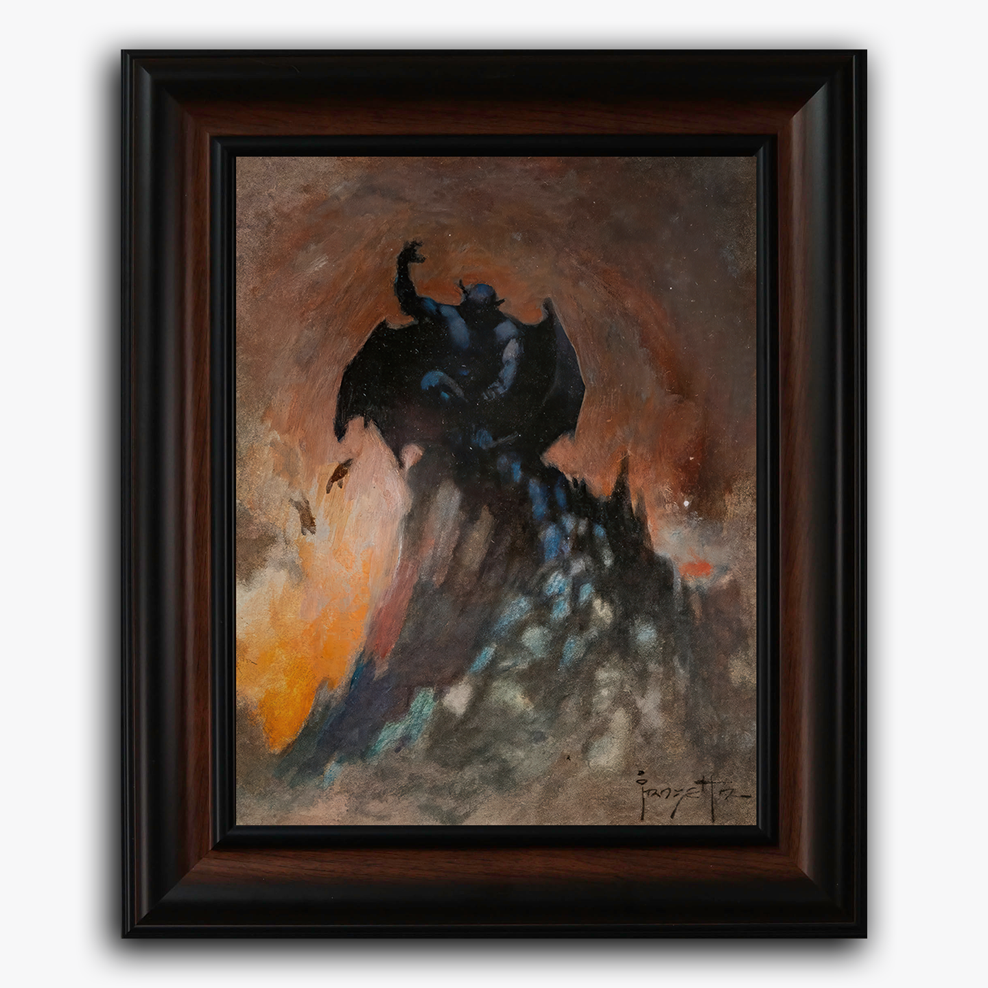 Framed fine art print of Frank Frazetta’s Night on Bald Mountain, showcasing a dark, winged demon rising triumphantly atop a jagged peak with swirling mists and a fiery, storm-lit sky.