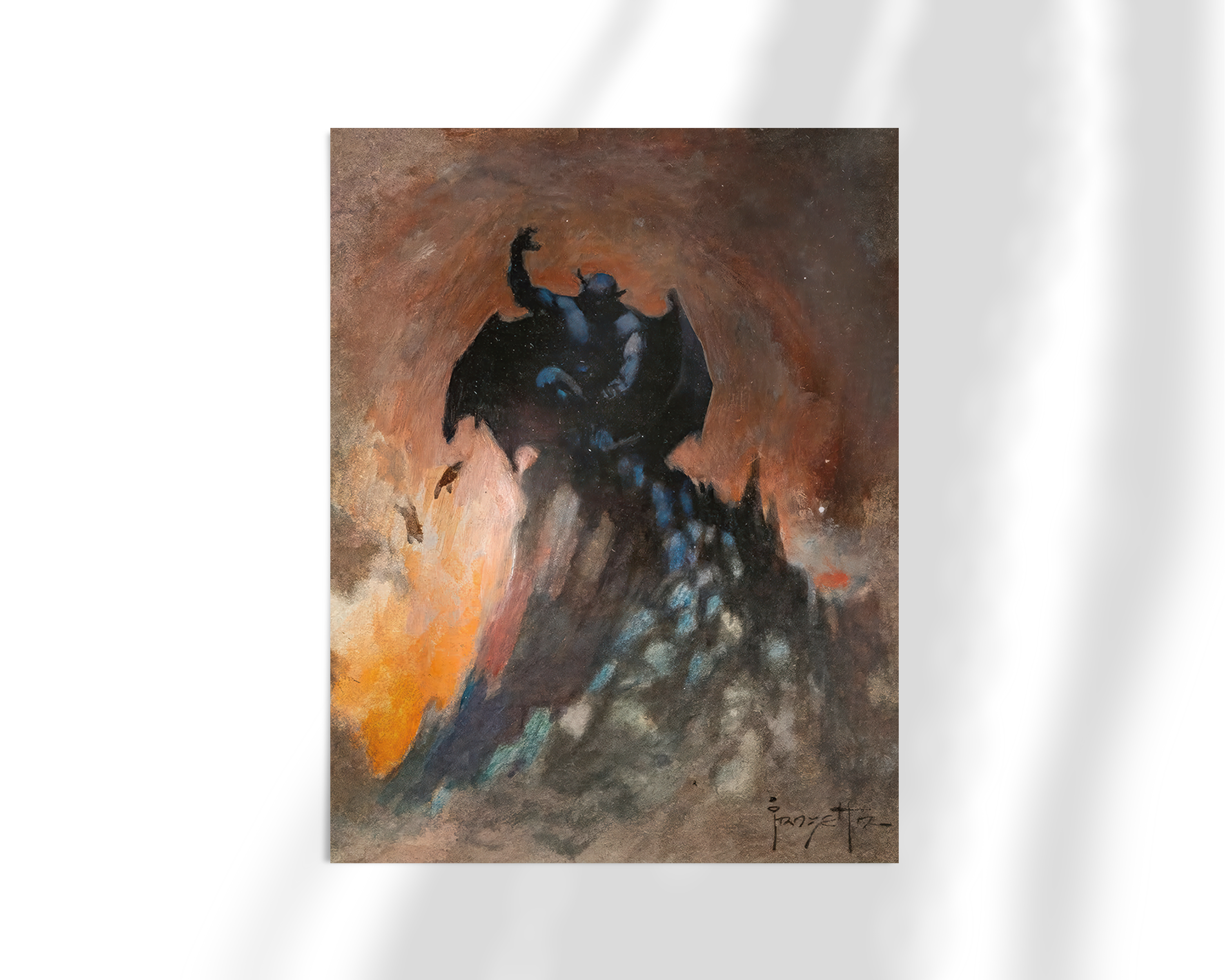 Unframed fine art print of Night on Bald Mountain by Frank Frazetta. A powerful demonic figure stands on a craggy mountain, its silhouette contrasted against a tempestuous, orange-lit sky.
