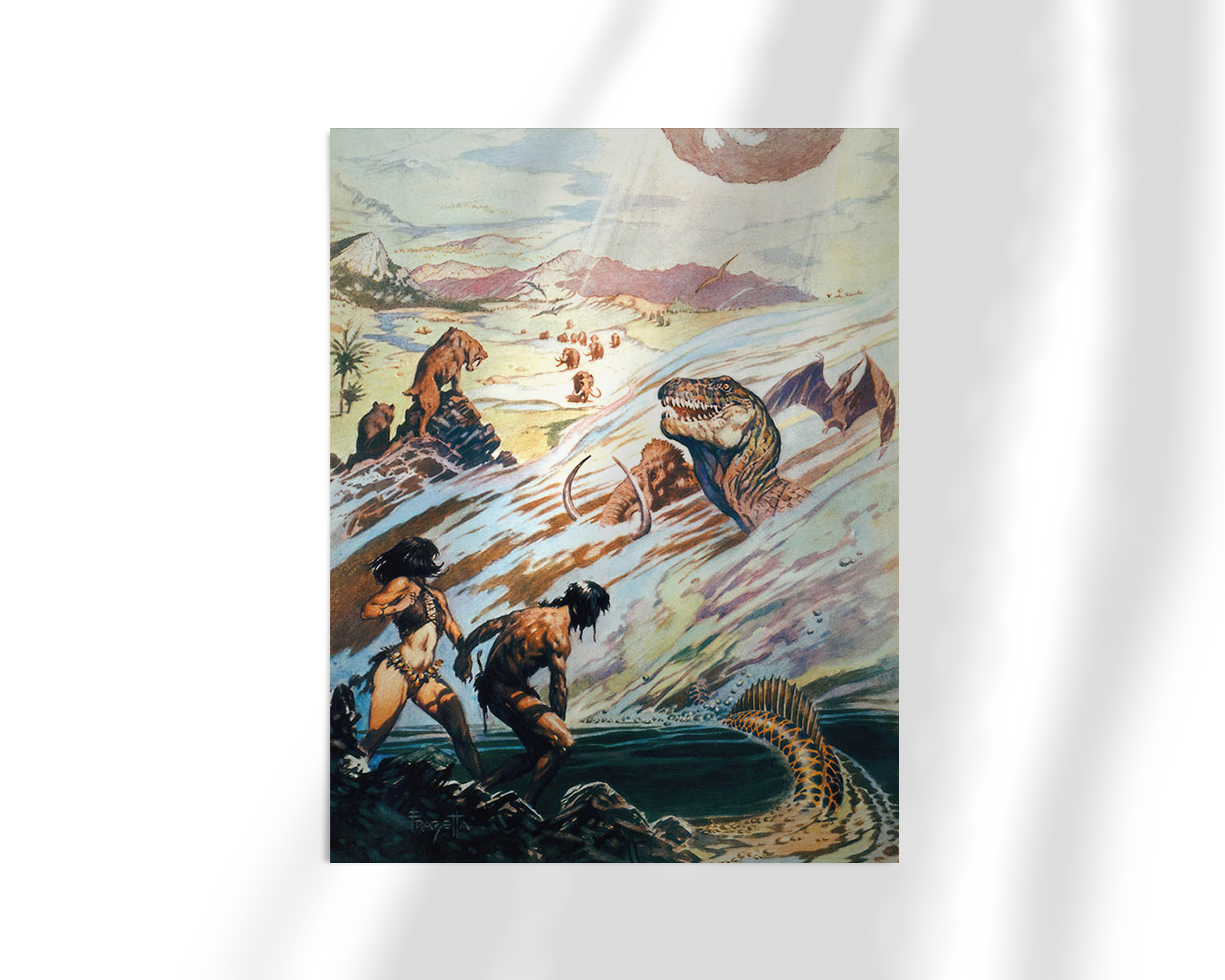 Unframed fine art print of Out of Time’s Abyss by Frank Frazetta, depicting tribal warriors confronting otherworldly beasts in a surreal, ancient landscape with towering mountains and a looming sun overhead.