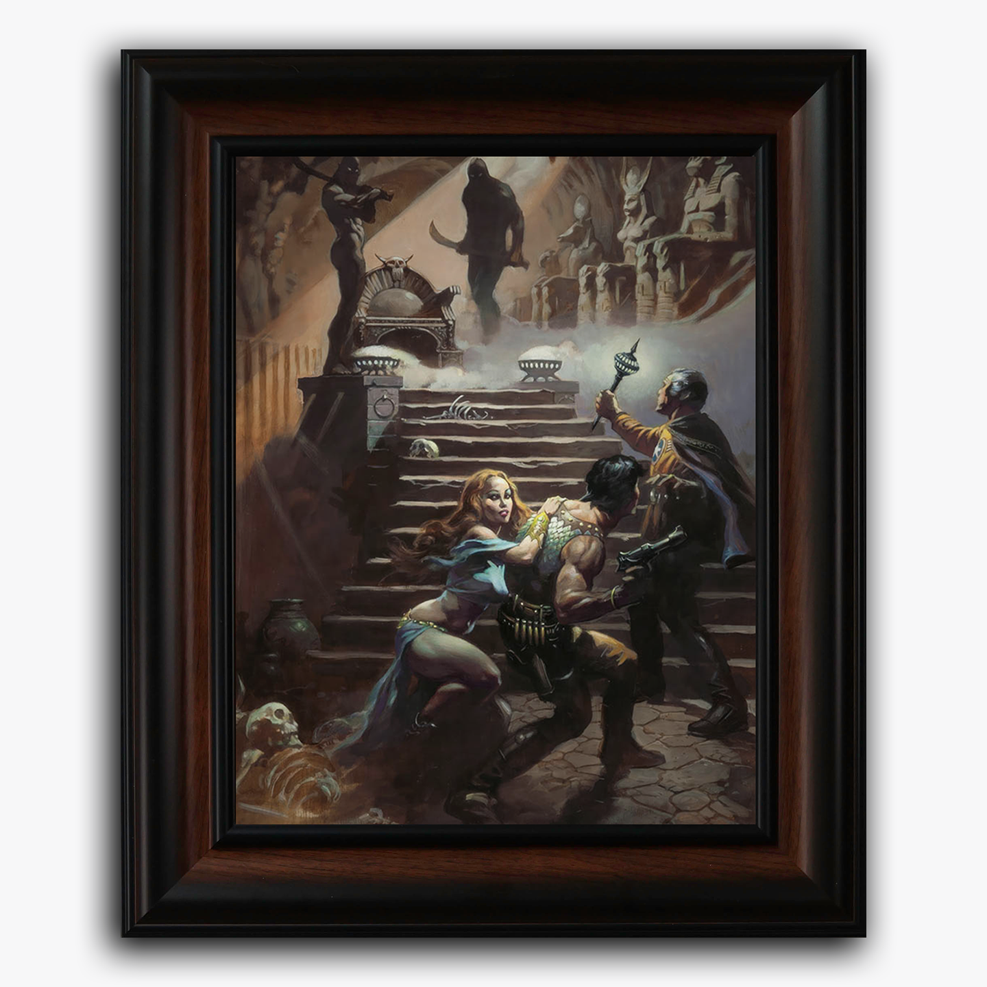 Framed fine art print of Frank Frazetta’s Pharaoh’s Tomb, showcasing a dramatic scene set in an ancient tomb. A group of adventurers struggles to overcome a mystical force as the tomb’s dark secrets come alive. The eerie atmosphere and intense action capture the essence of Frazetta’s signature style.