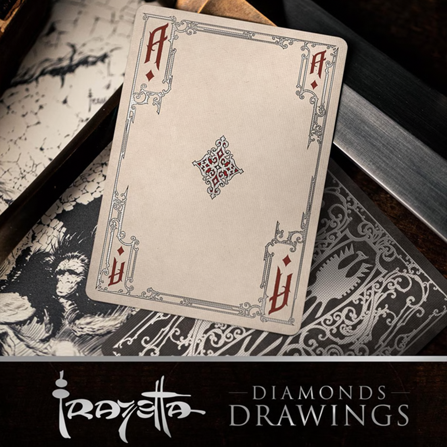 A close-up of an Ace of Diamonds from the Frazetta Drawings Edition playing card deck. The card features an ornate, vintage-style border with delicate filigree and a stylized club symbol at its center. Beneath it, additional cards are partially visible, showcasing intricate artwork and embossed detailing. A knife rests nearby, enhancing the dramatic composition.