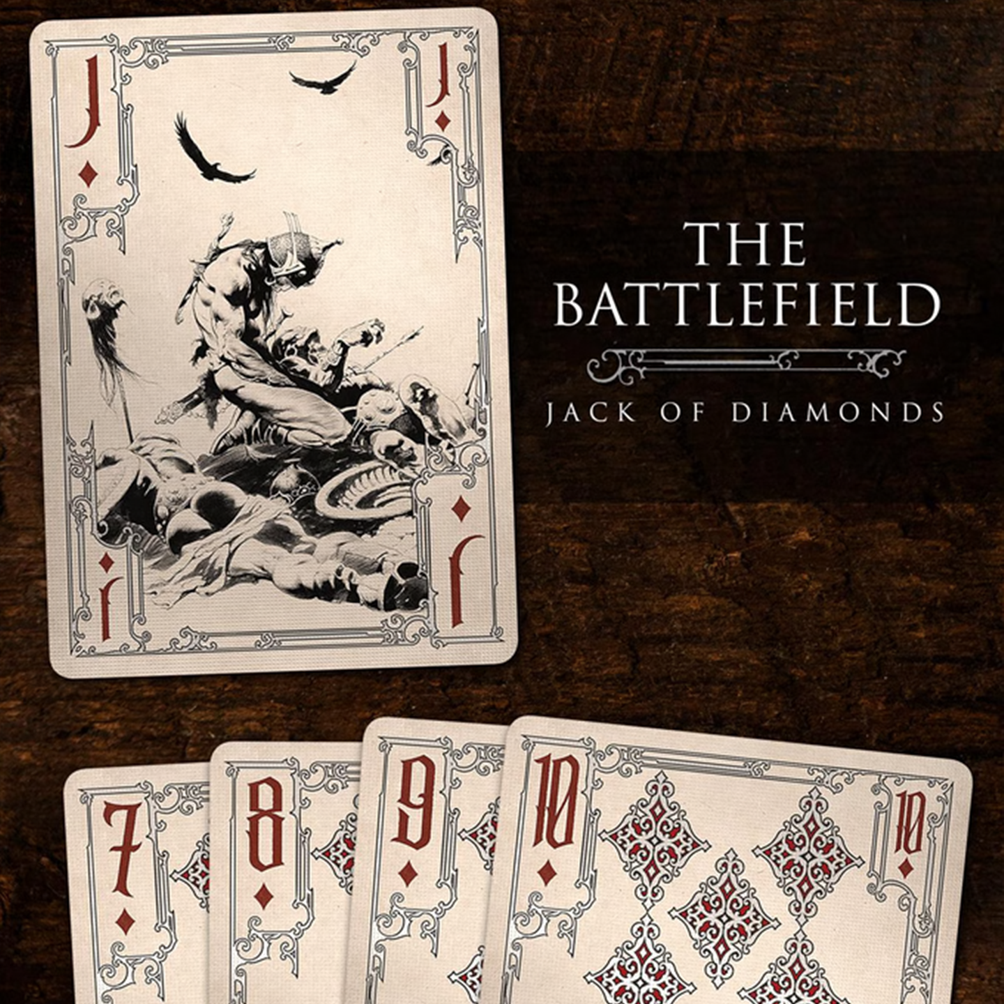 Elegant playing cards displayed on a rustic surface, highlighting their intricate patterns and rich contrast.