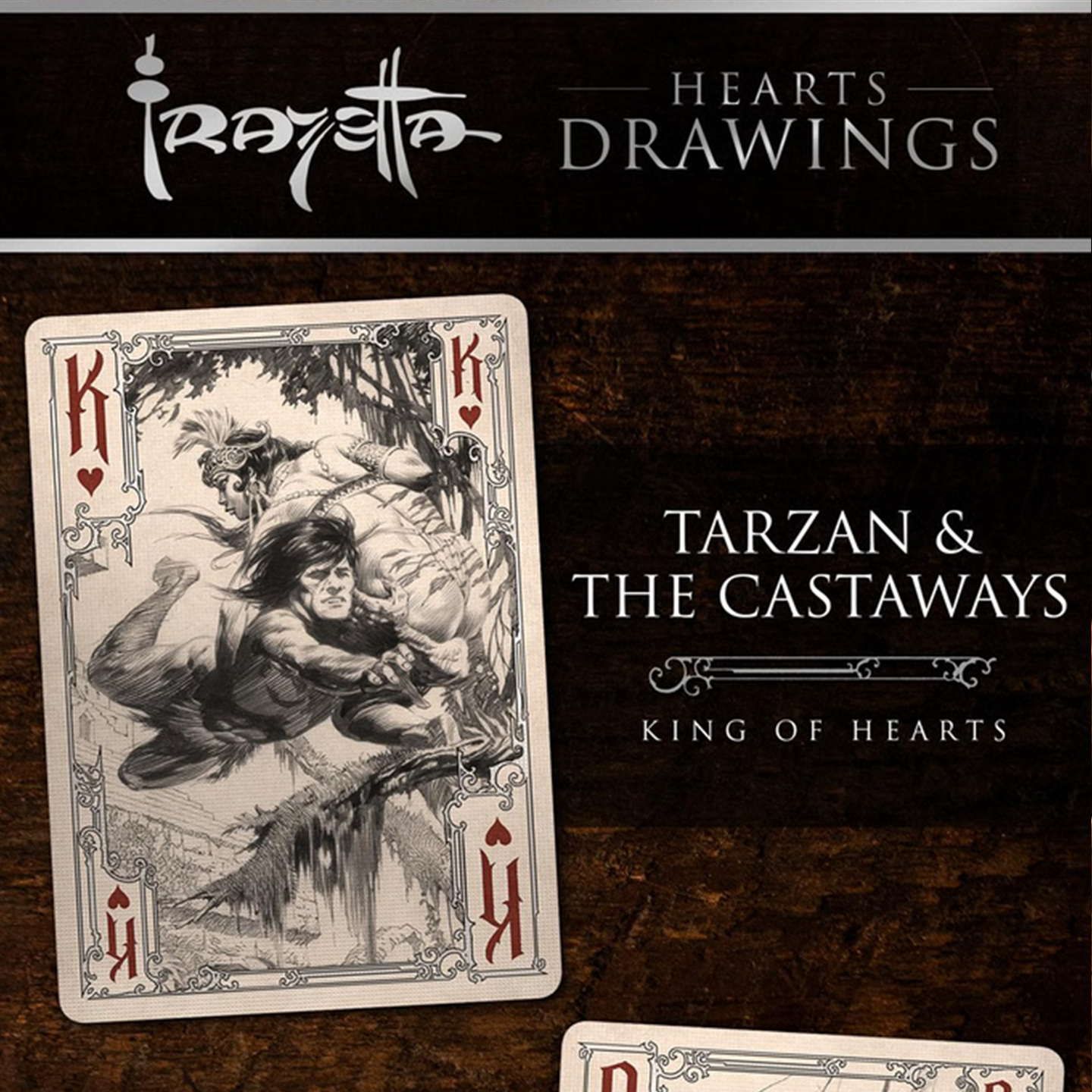 A close-up of a King of Hearts from the Frazetta Drawings Edition playing card deck. The card features an iconic Frazetta drawing with an ornate, vintage-style border with delicate filigree. Beneath it, additional cards are partially visible, showcasing intricate artwork and embossed detailing.