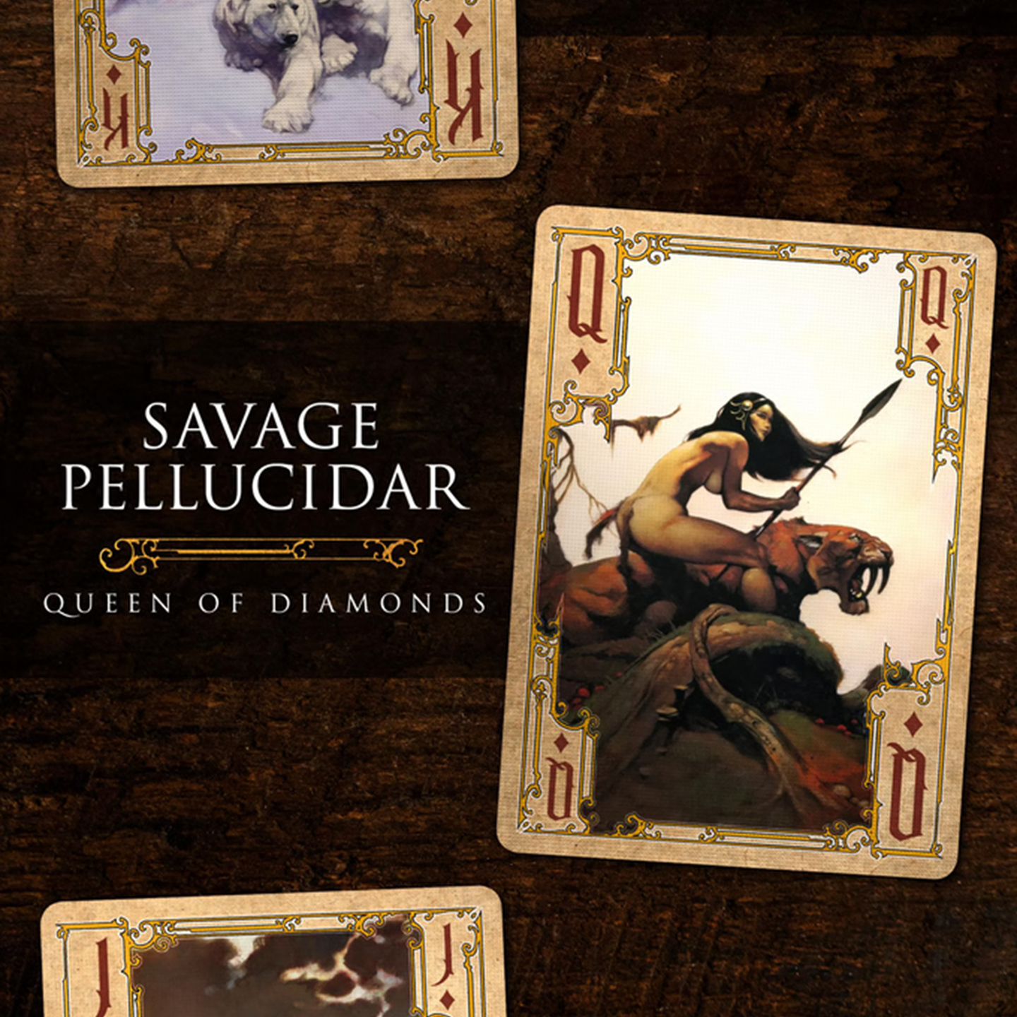 A close-up of a Queen of Diamonds from the Frazetta Paintings Edition playing card deck. The card features an iconic Frazetta drawing with an ornate, vintage-style border with delicate filigree. Beneath it, additional cards are partially visible, showcasing intricate artwork and embossed detailing.