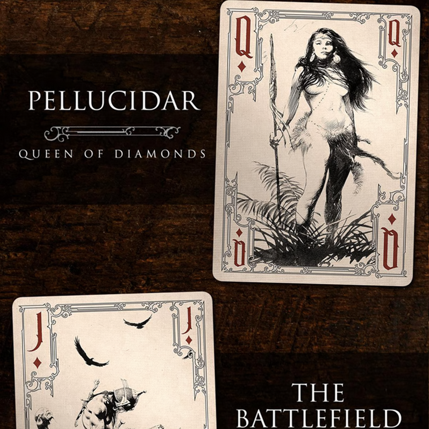 A close-up of a Queen of Diamonds from the Frazetta Drawings Edition playing card deck. The card features an iconic Frazetta drawing with an ornate, vintage-style border with delicate filigree. Beneath it, additional cards are partially visible, showcasing intricate artwork and embossed detailing.