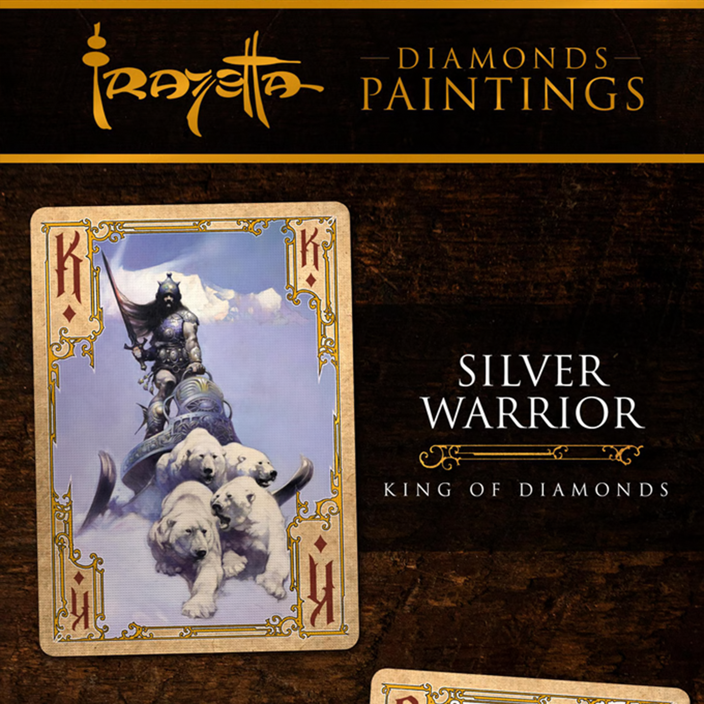 A close-up of a King of Diamonds from the Frazetta Paintings Edition playing card deck. The card features an iconic Frazetta drawing with an ornate, vintage-style border with delicate filigree. Beneath it, additional cards are partially visible, showcasing intricate artwork and embossed detailing.