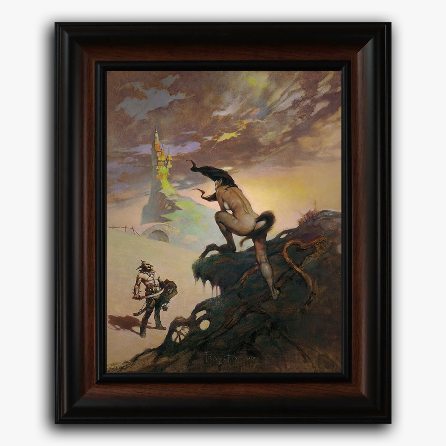 Framed fine art print of Frank Frazetta’s Pony Tail, featuring a striking female figure with a tail, surveying a distant tower as a lone adventurer approaches the foreground.