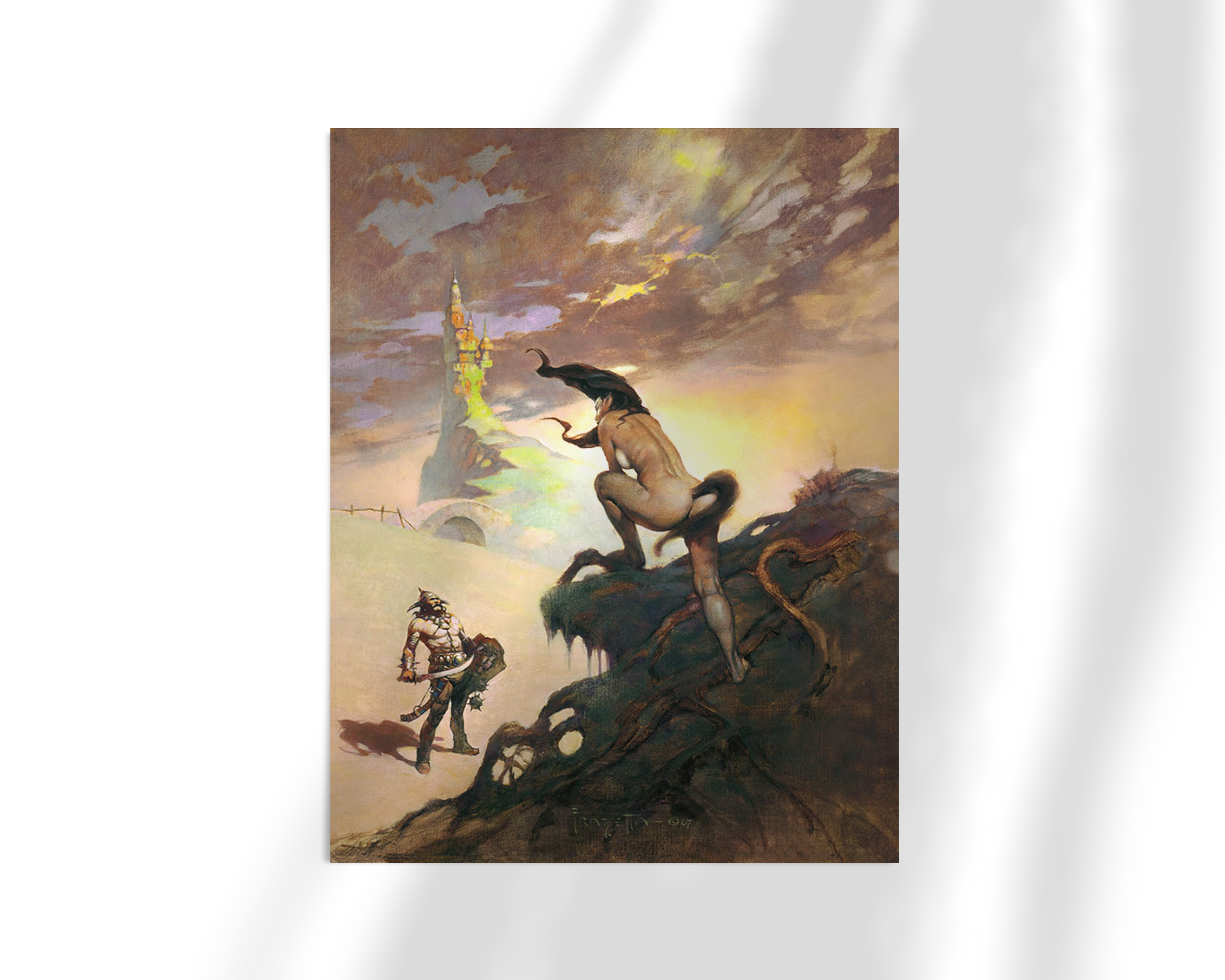 Unramed fine art print of Frank Frazetta’s Pony Tail, featuring a striking female figure with a tail, surveying a distant tower as a lone adventurer approaches the foreground.