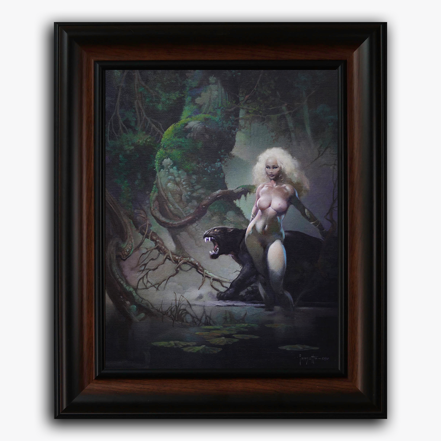 Framed art print of Frank Frazetta’s “Princess and the Panther,” featuring a pale-haired woman standing beside a panther in a misty jungle, surrounded by gnarled trees and ethereal moonlight.