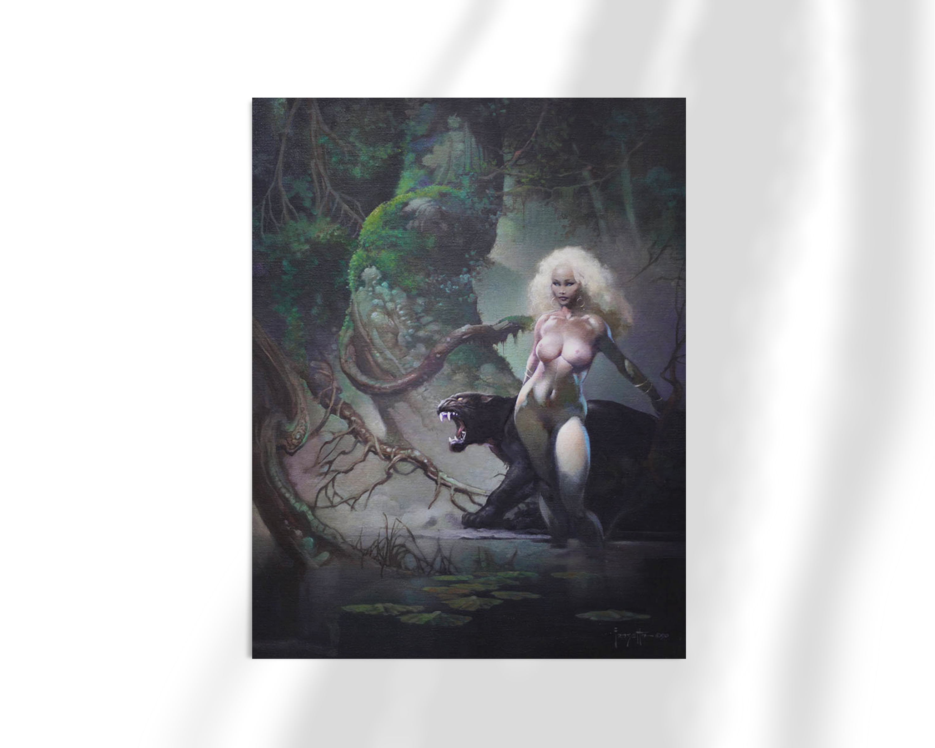 Unframed fine art print of Frazetta’s “Princess and the Panther,” depicting a powerful female figure and a black panther in a dreamlike forest bathed in soft, moody lighting.