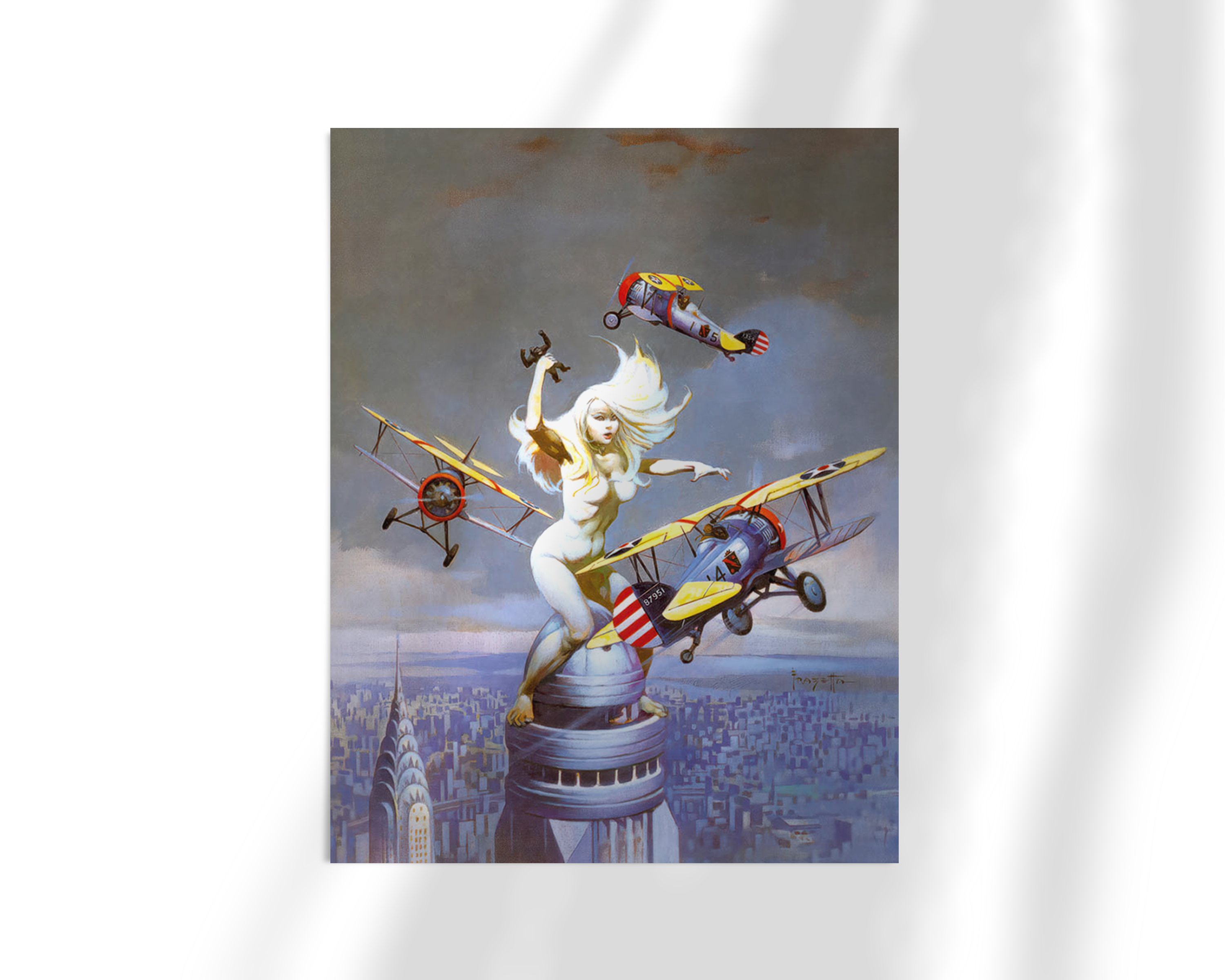 Unframed fine art print of Frazetta’s “Queen Kong,” showing a giant woman atop a building under siege by colorful vintage planes, set against a blue city backdrop.