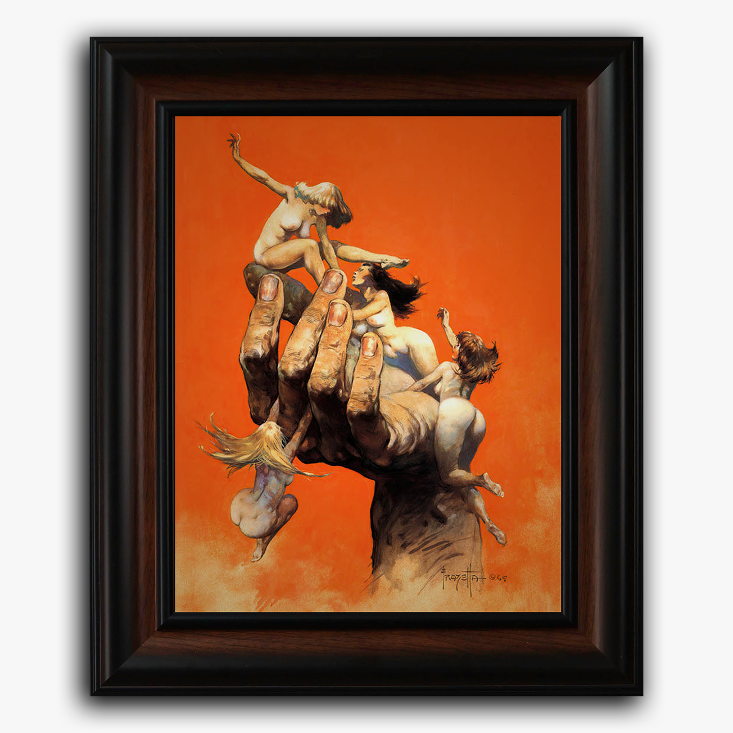 Framed art print of Frank Frazetta’s “Reassembled Man,” featuring a giant hand rising from the ground with miniature nude figures clinging to it against a vivid orange background.