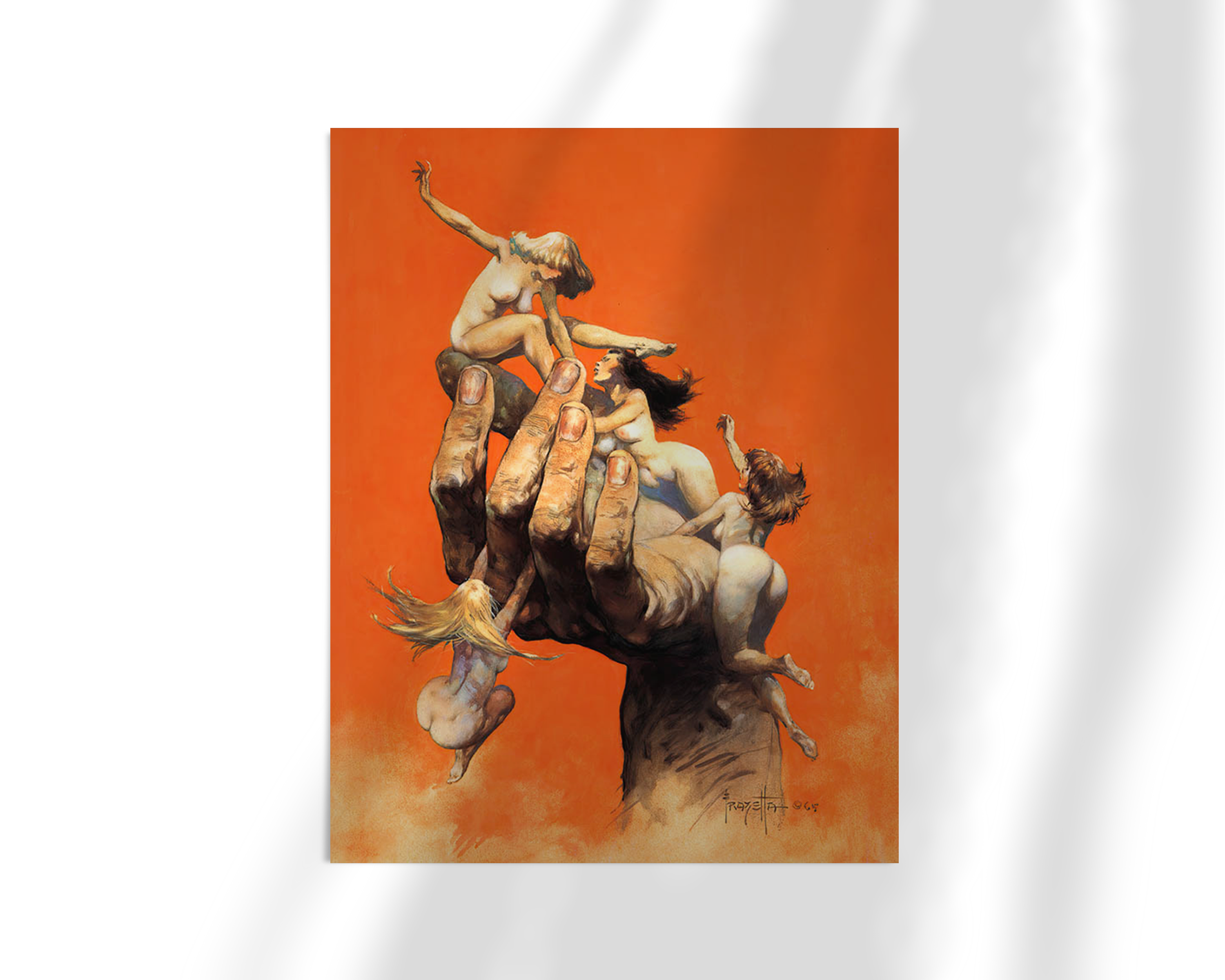 Unframed art print of Frank Frazetta’s “Reassembled Man,” featuring a giant hand rising from the ground with miniature nude figures clinging to it against a vivid orange background.