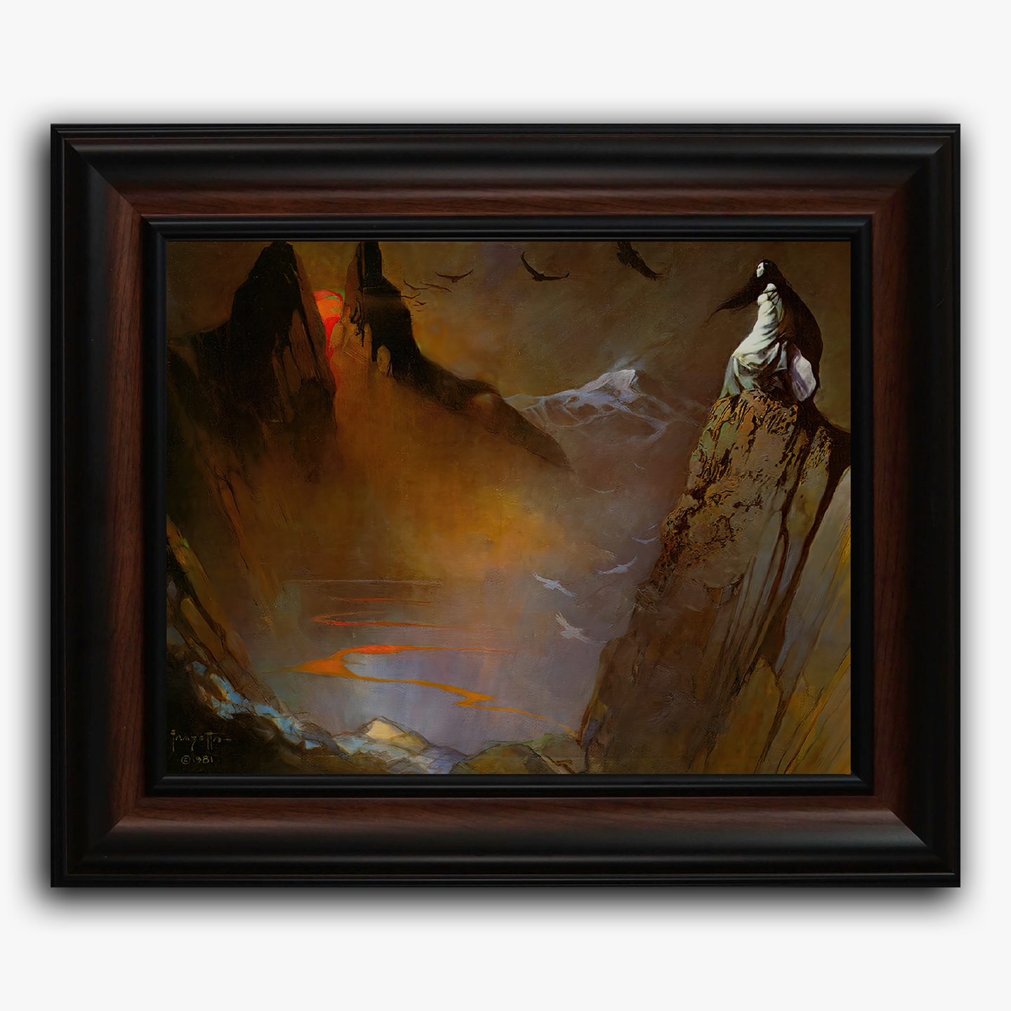 Framed fine art print of Frank Frazetta’s “Red Moon, Black Mountain,” featuring a dark fantasy landscape with towering jagged peaks and a distant red-hued moon casting an eerie glow over the desolate terrain.