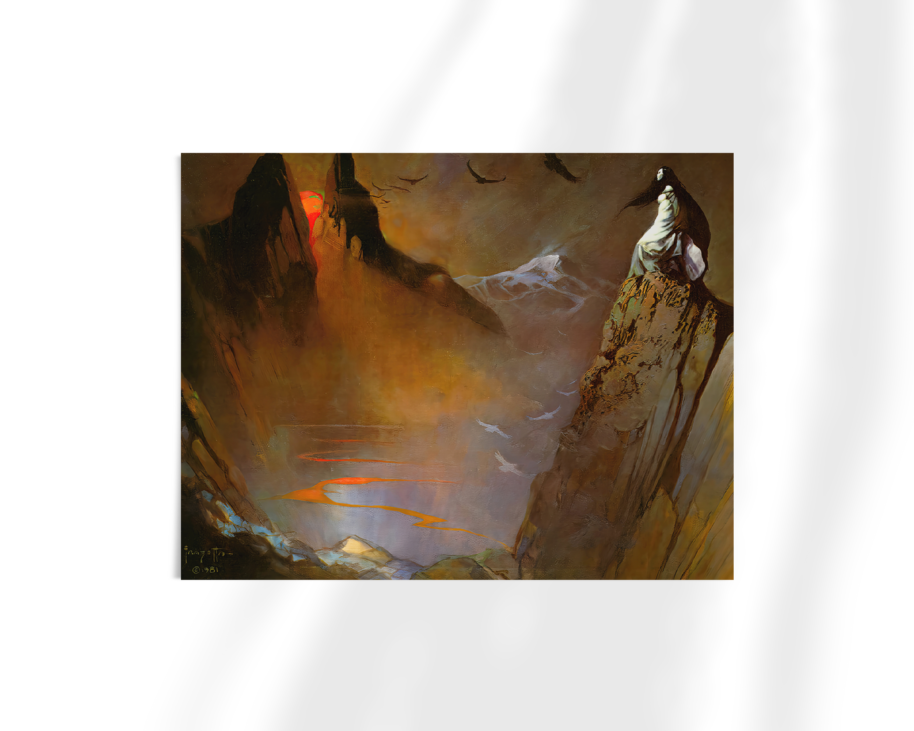 Unframed fine art print of Frazetta’s “Red Moon, Black Mountain,” showcasing a moody and mountainous scene under a looming red moon, with atmospheric lighting and dramatic cliffs.