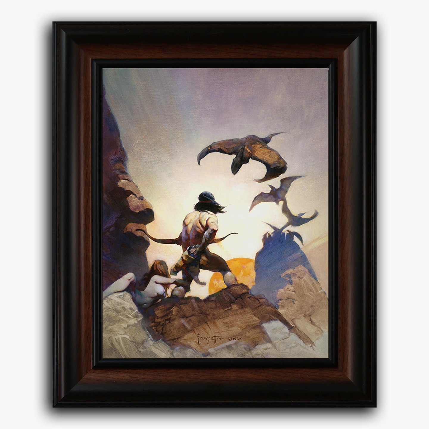 Framed fine art print of Frank Frazetta’s Return of Jongor, depicting a powerful figure bracing for battle against a swarm of prehistoric, winged creatures as sunlight bursts through the rocky cliffs behind him.