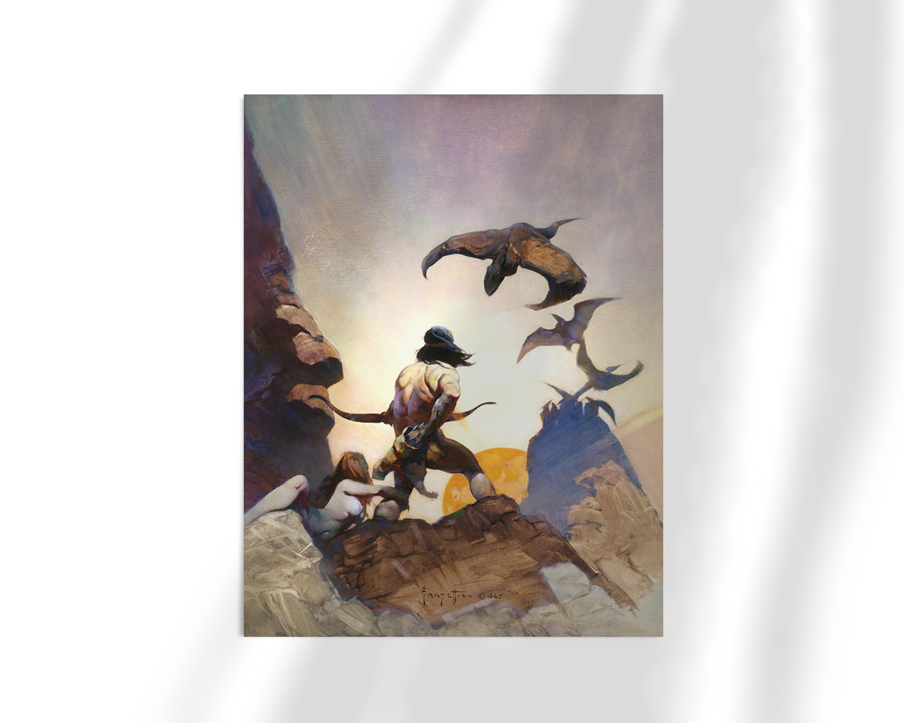 Framed fine art print of Frank Frazetta’s Return of Jongor, depicting a powerful figure bracing for battle against a swarm of prehistoric, winged creatures as sunlight bursts through the rocky cliffs in front of him.