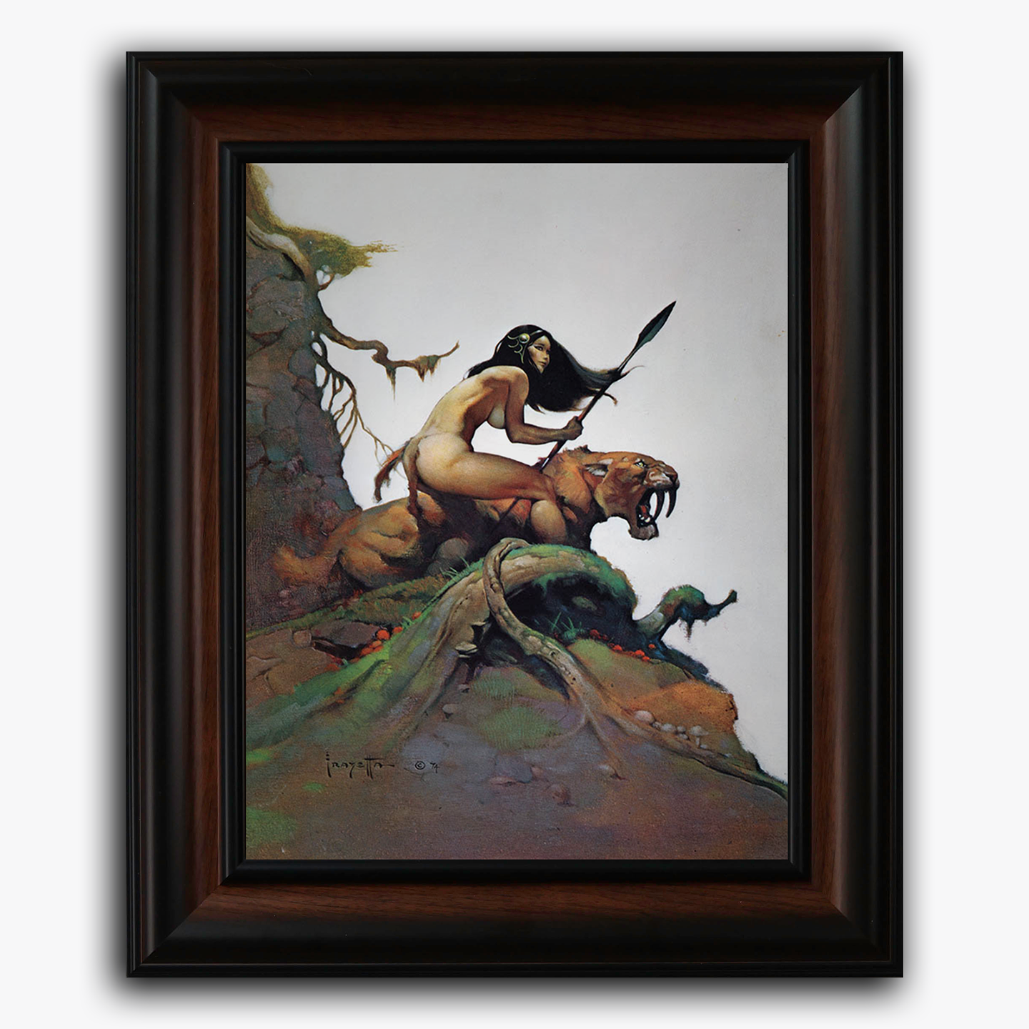 Framed fine art print of Frank Frazetta’s “Savage Pellucidar,” featuring a fierce warrior woman riding a saber-toothed cat on a rocky outcrop with a spear in hand.