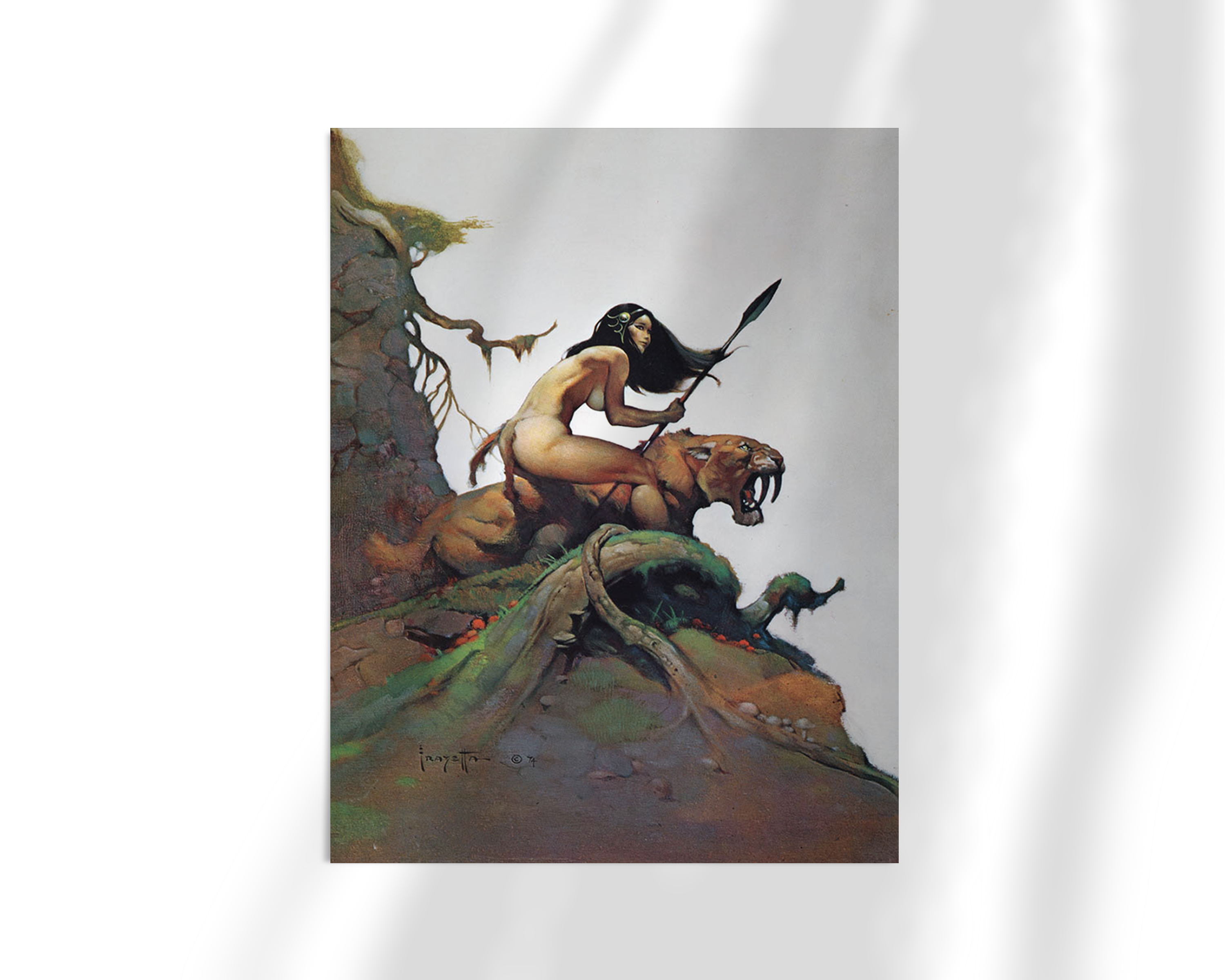Unframed print of “Savage Pellucidar” by Frank Frazetta, depicting a primal jungle scene with a huntress atop a big cat, poised for battle.