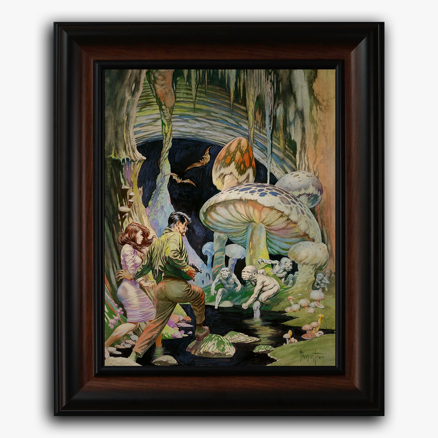 Framed fine art print of Frank Frazetta’s Secret People, showcasing an eerie fantasy scene with explorers encountering strange mushroom-like creatures in a swampy, cavernous forest.