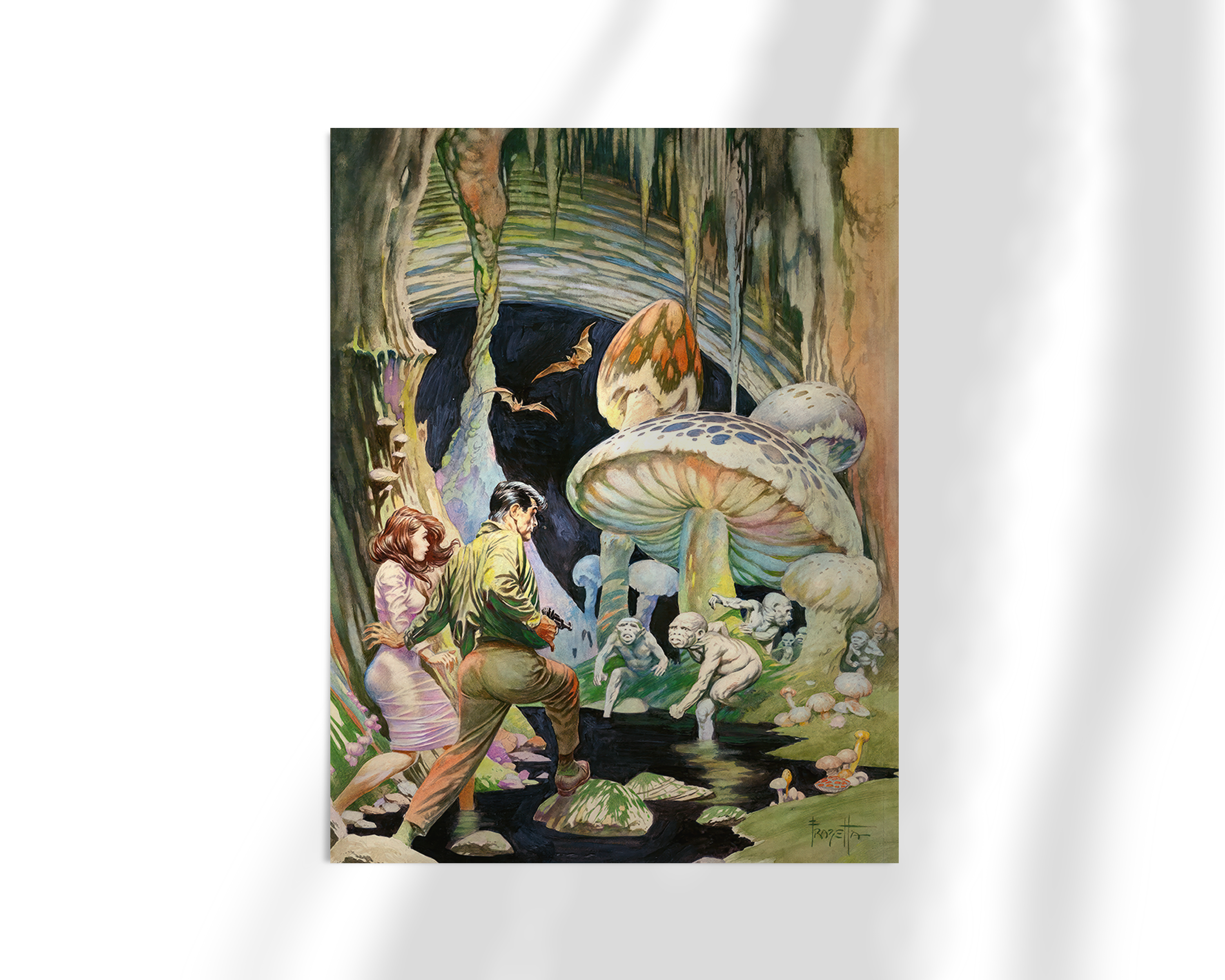 Unframed fine art print of Secret People by Frank Frazetta. The image features a group of humans facing off against fantastical mushroom beings in a dark, alien-like environment full of dripping moss and looming fungi.