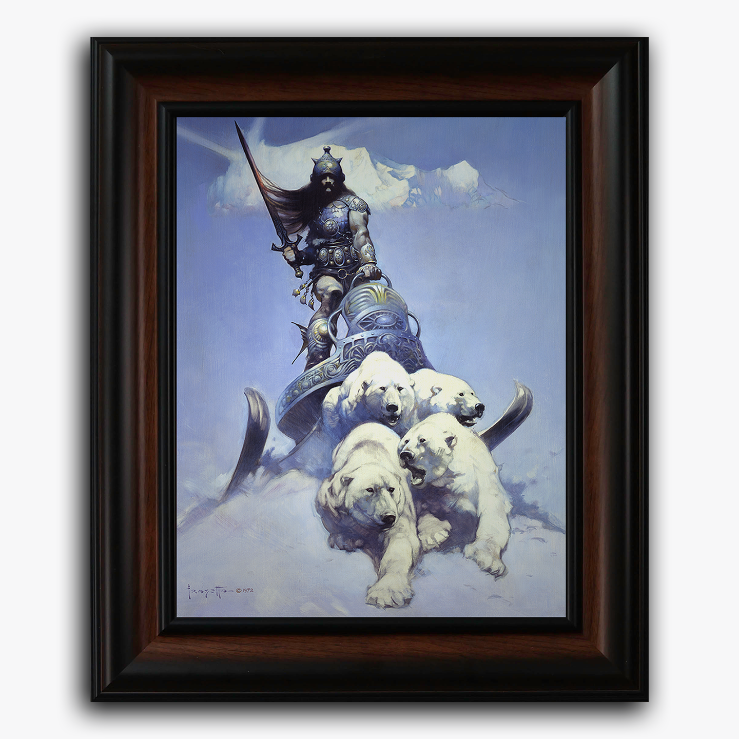 Framed fine art print of Silver Warrior, with a fur-clad fighter riding a team of white bears across a snowy, windswept battlefield.