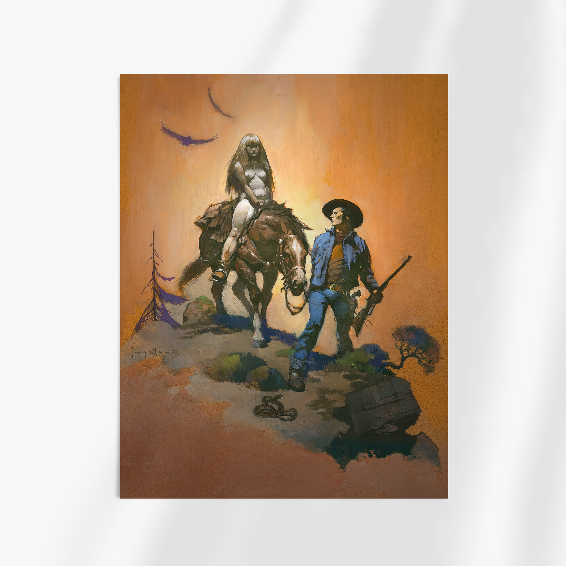 Unframed print of Frazetta’s Snake Bit, featuring a rugged cowboy and his horse standing in an intense pose against a dramatic orange sky, capturing an adventurous and tense moment.