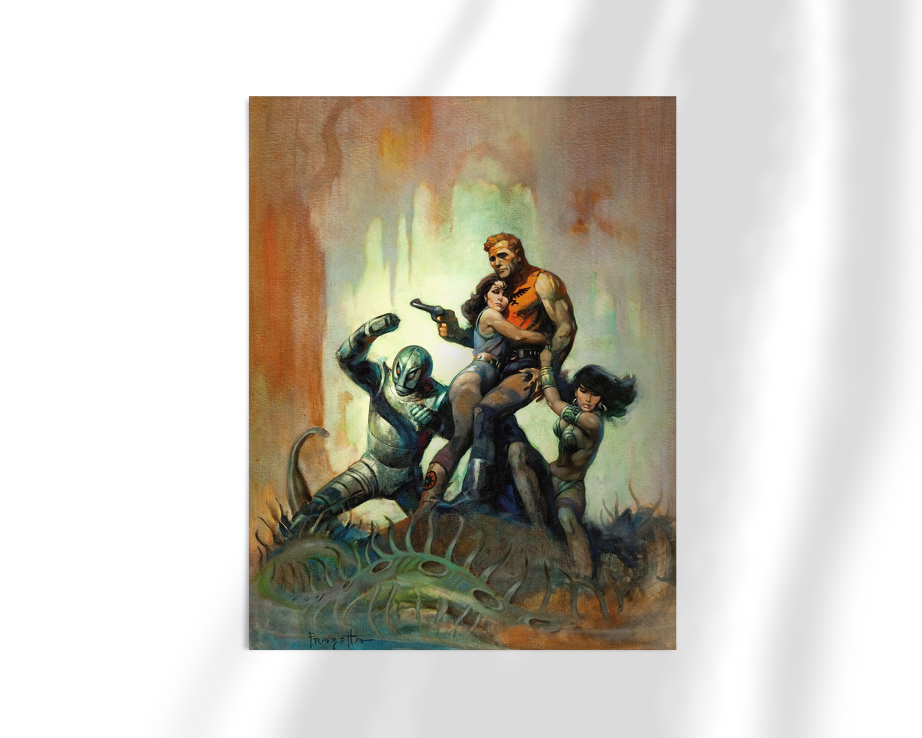 Unframed fine art print of Solar Invasion by Frank Frazetta, featuring a muscular hero battling a group of strange humanoid creatures under an otherworldly sky.