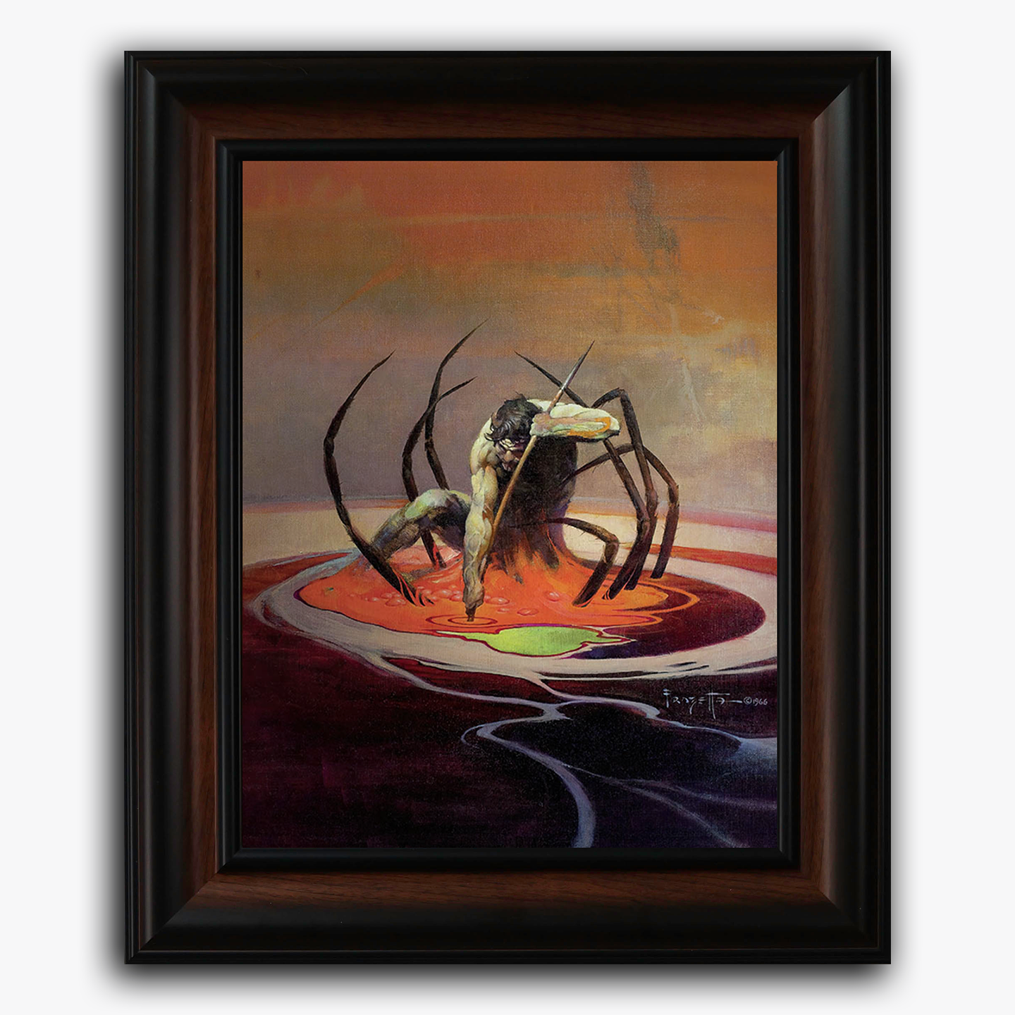 Framed fine art print of Frank Frazetta’s “Spider Man,” showing a muscular figure grappling with a monstrous spider in liquid.
