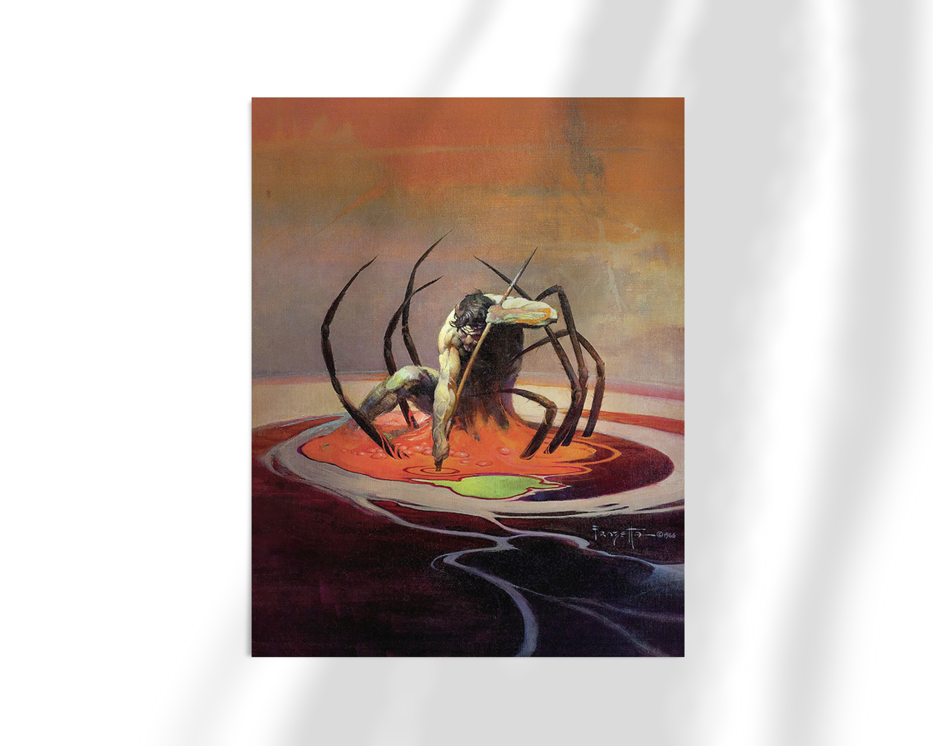 Unframed fine art print of Frazetta’s “Spider Man,” featuring a dramatic battle scene between man and spider in a surreal, watery landscape.