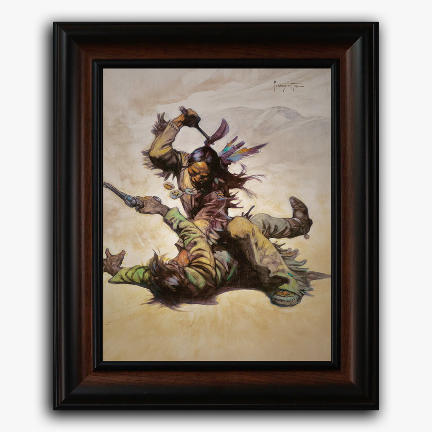 Framed art print of Frank Frazetta’s “Summer of the Coup,” depicting a fierce Native warrior mid-strike atop a fallen enemy in a desert landscape.