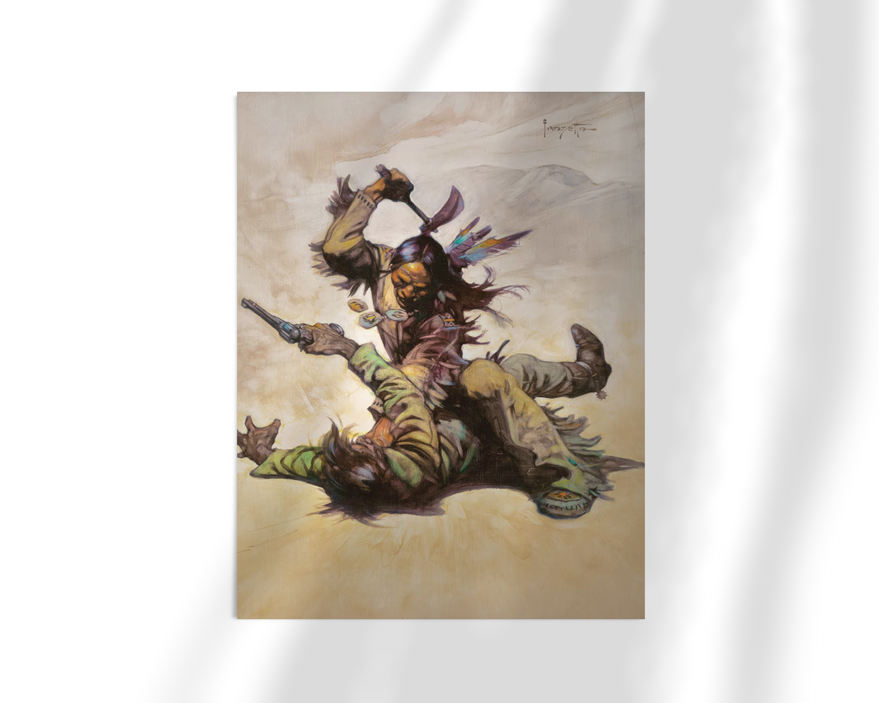 Unframed fine art print of Frazetta’s “Summer of the Coup,” showing a dramatic and intense battle scene with a warrior poised to strike.
