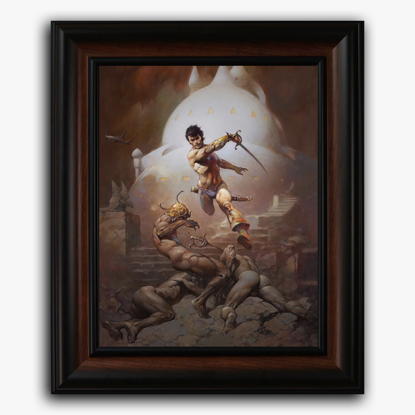 Framed fine art print of Frank Frazetta’s Swords of Mars, showcasing a fierce warrior in mid-leap, sword raised above his head as he strikes down multiple attackers. A glowing white Martian dome rises in the background, casting an eerie light over the rubble-strewn battlefield.