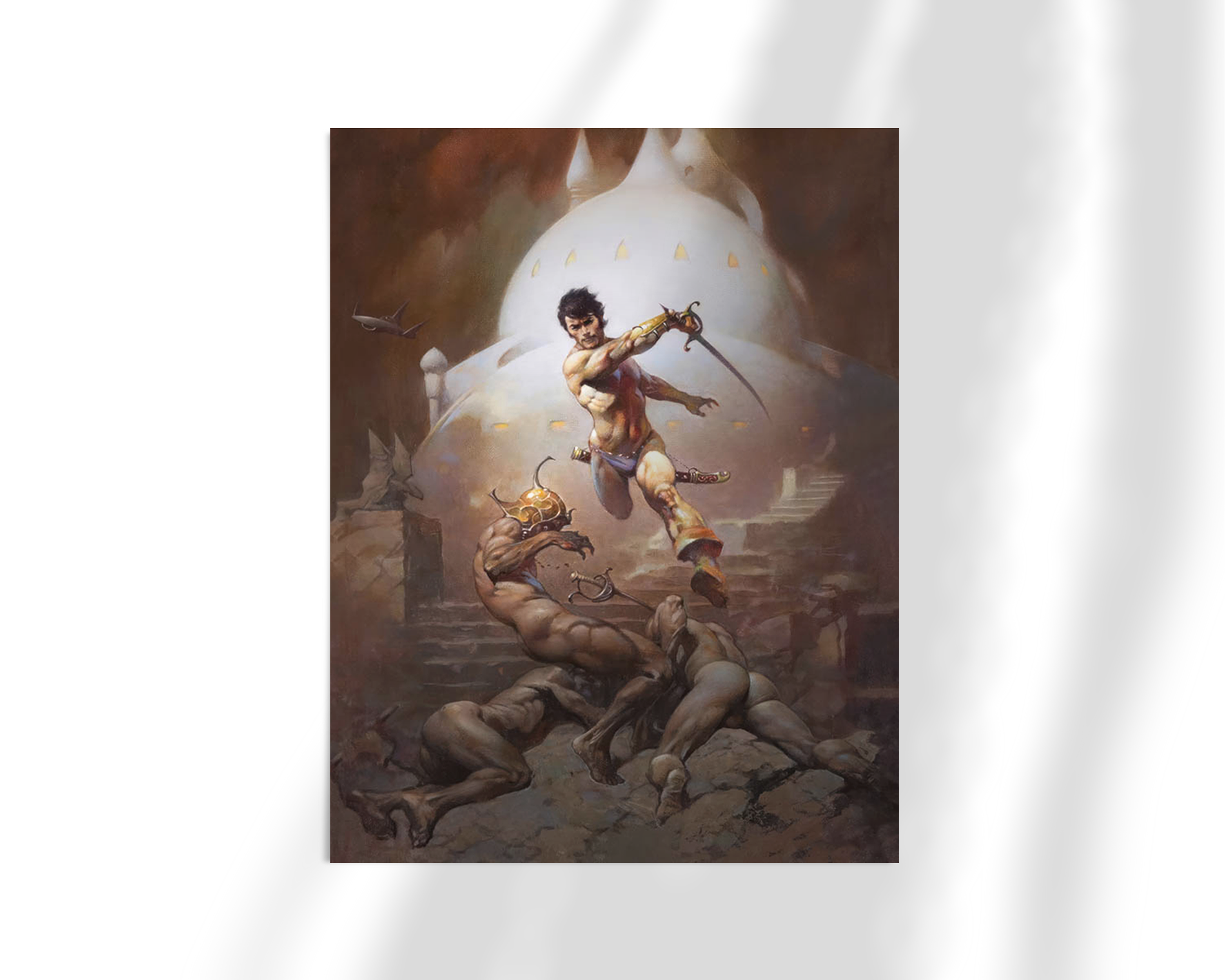 Unframed fine art print of Swords of Mars by Frank Frazetta. A dynamic Martian battle scene featuring a lone warrior dominating his enemies beneath an alien structure glowing under a hazy sky.