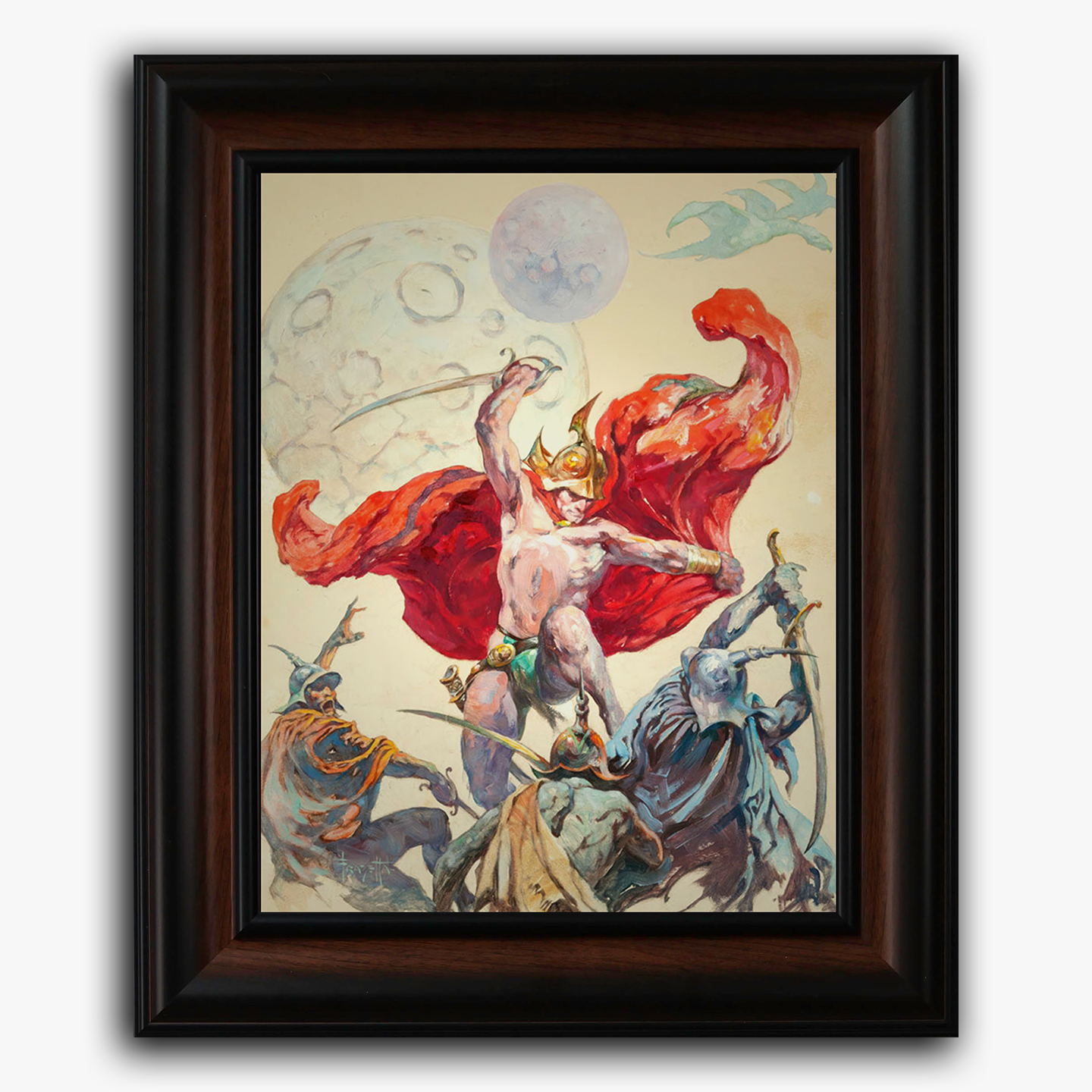 Framed fine art print of Frank Frazetta’s Swordsmen in the Sky, featuring a powerful, nearly nude warrior with a flaming red cape standing triumphant atop a pile of defeated foes. Moons and planets loom in a surreal sky above, emphasizing the cosmic fantasy setting.