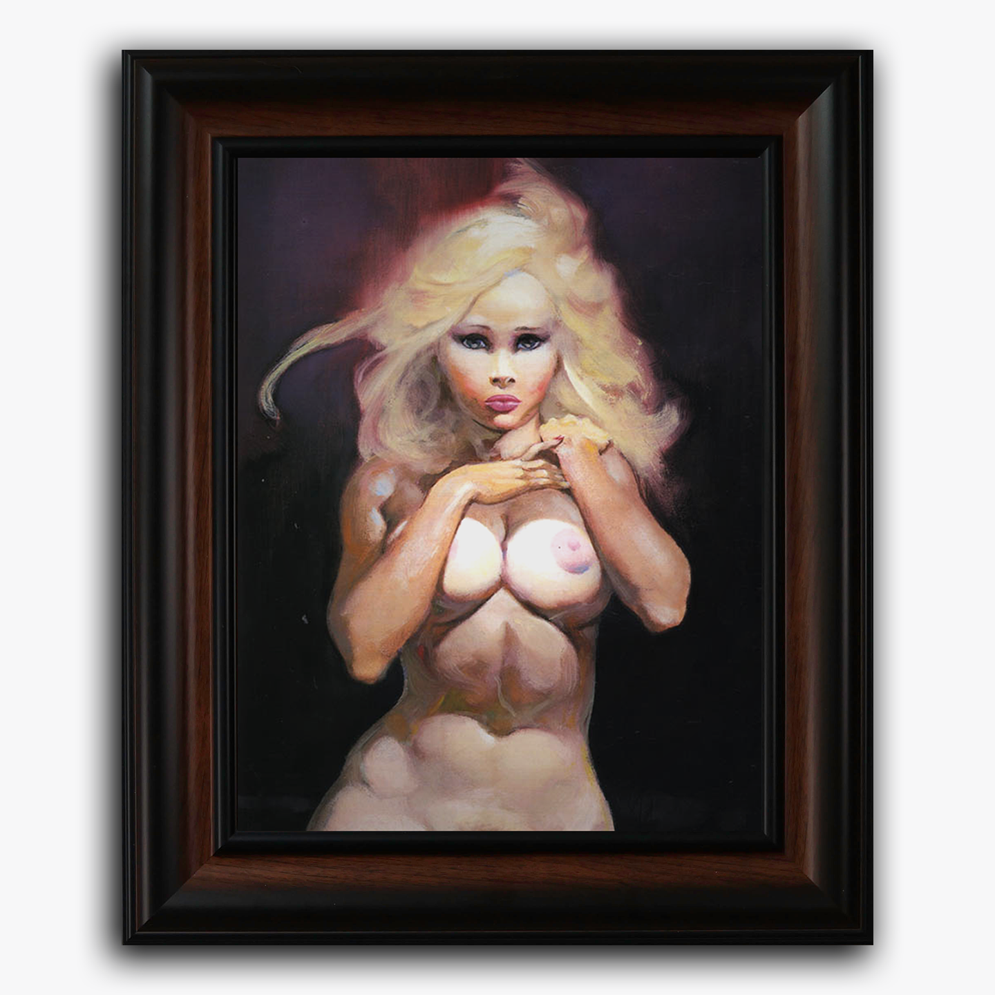 Framed fine art print of Frank Frazetta’s “Temptation,” featuring a seductive, enigmatic figure illuminated by dramatic lighting and rich contrasts, all presented in a dark wood frame.