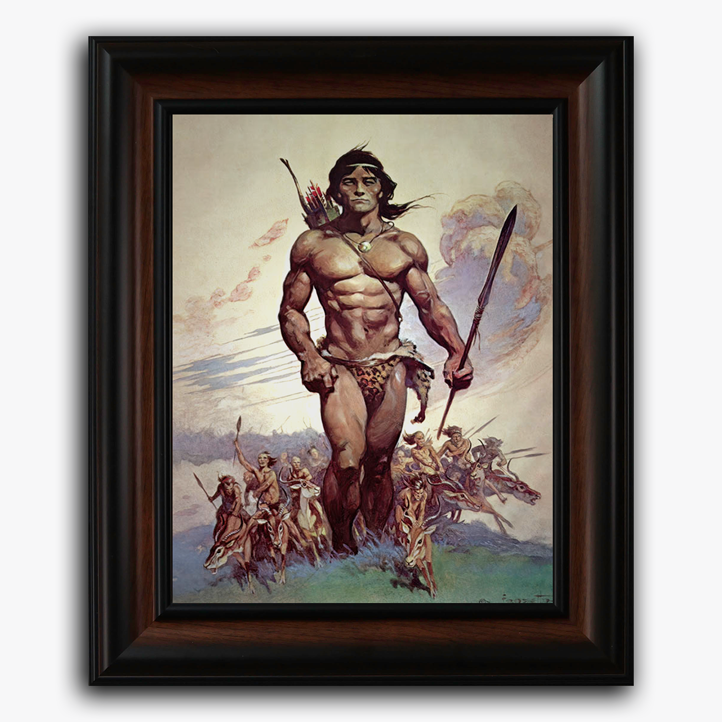 Framed fine art print of Frank Frazetta’s The Ant Men, depicting a towering, muscular warrior striding forward with a spear as a swarm of small armored ant-like warriors marches at his feet. The contrast in scale creates a sense of mythic dominance.