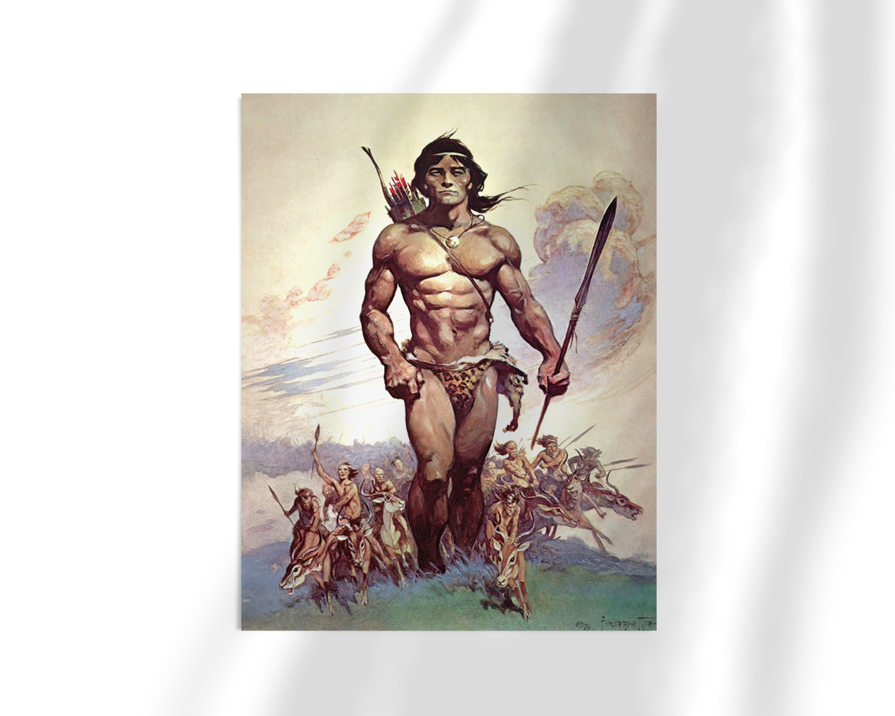 Unframed fine art print of The Ant Men by Frank Frazetta. A heroic figure stands tall and confident, flanked by a horde of miniature ant-men soldiers. The sky behind is soft and open, highlighting the grandeur of the central warrior.