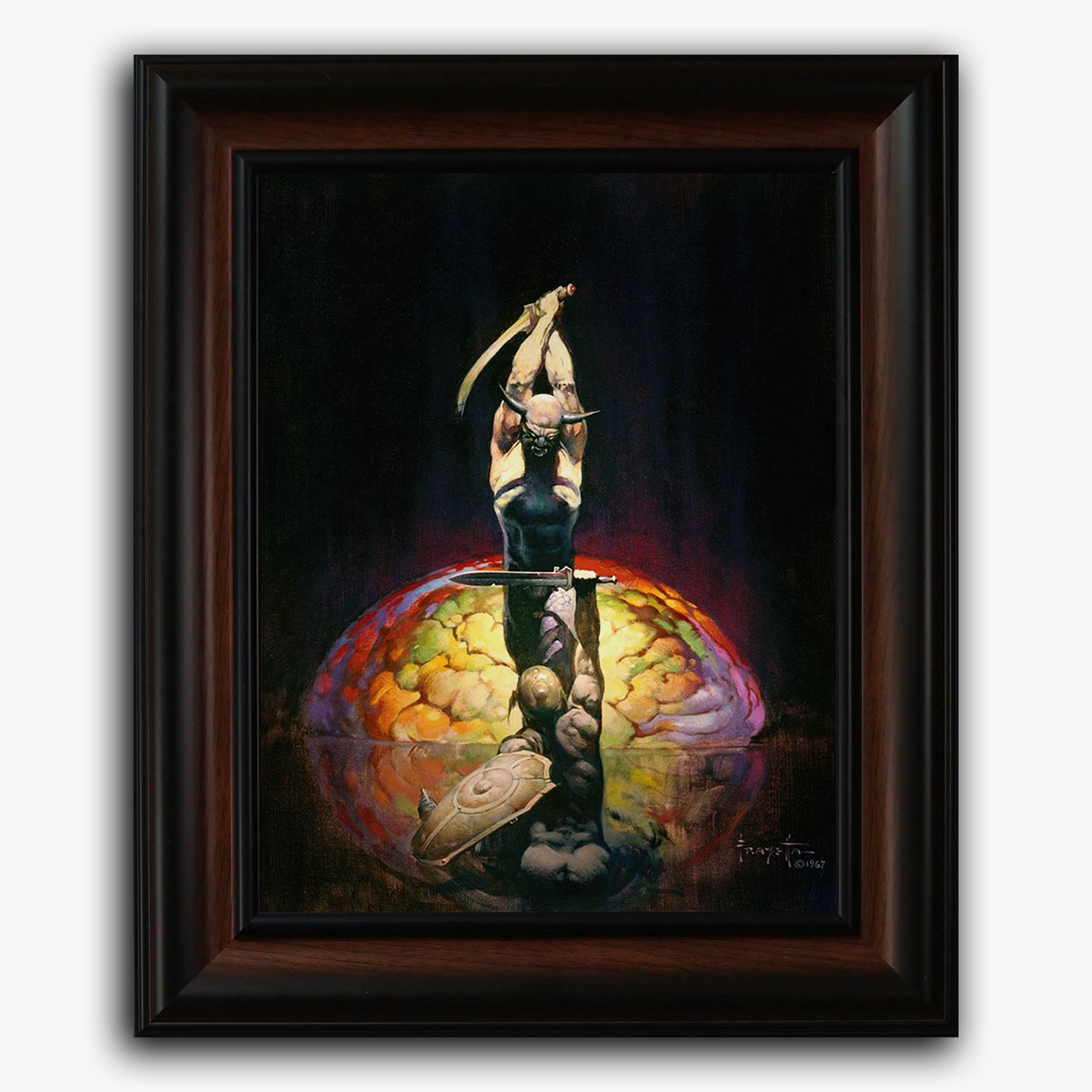 Framed fine art print of Frank Frazetta’s “The Brain,” depicting a powerful figure standing atop a large, glowing brain with a dark background.