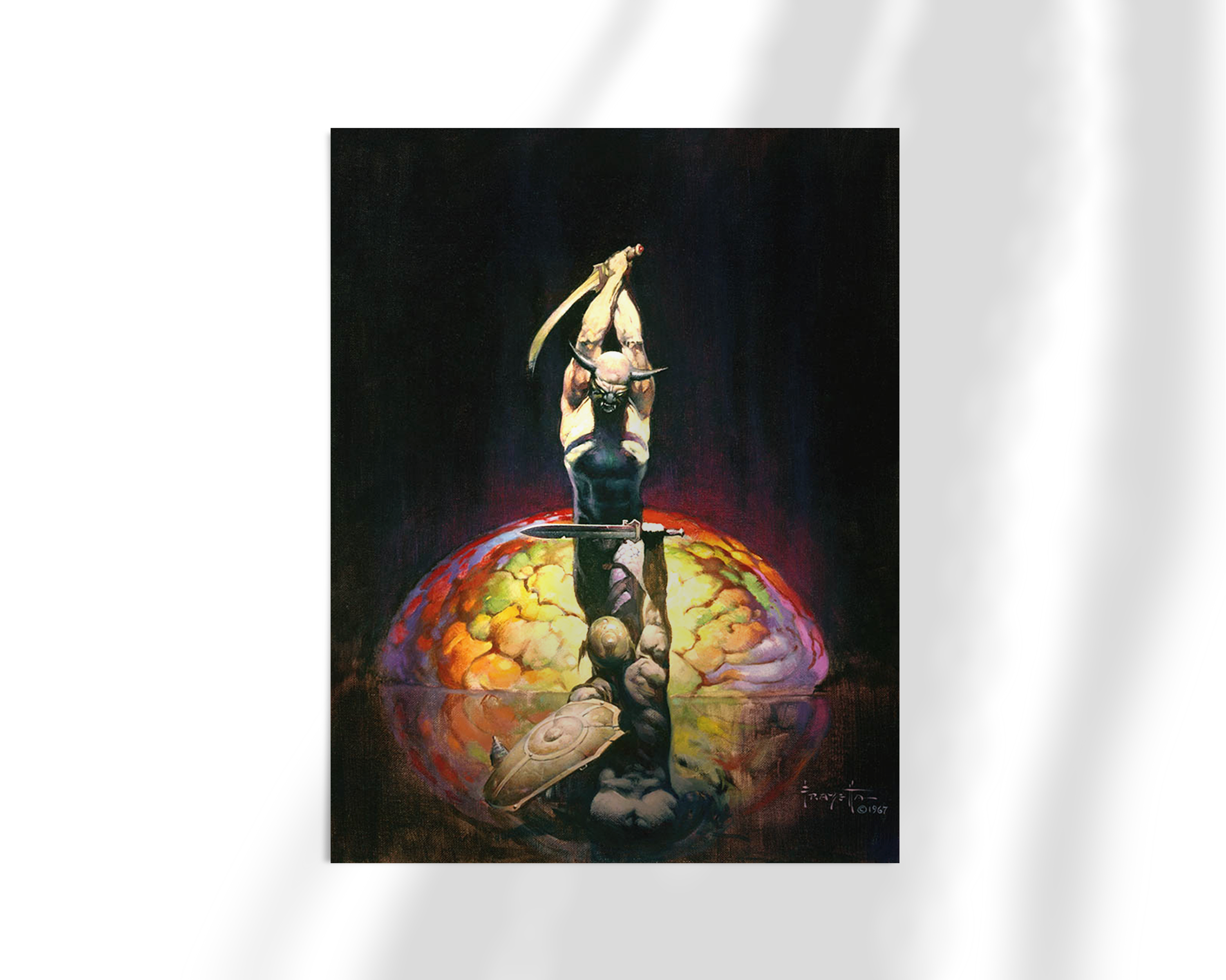 Unframed fine art print of “The Brain” by Frank Frazetta, showcasing a muscular figure poised on a surreal brain form against a black void.