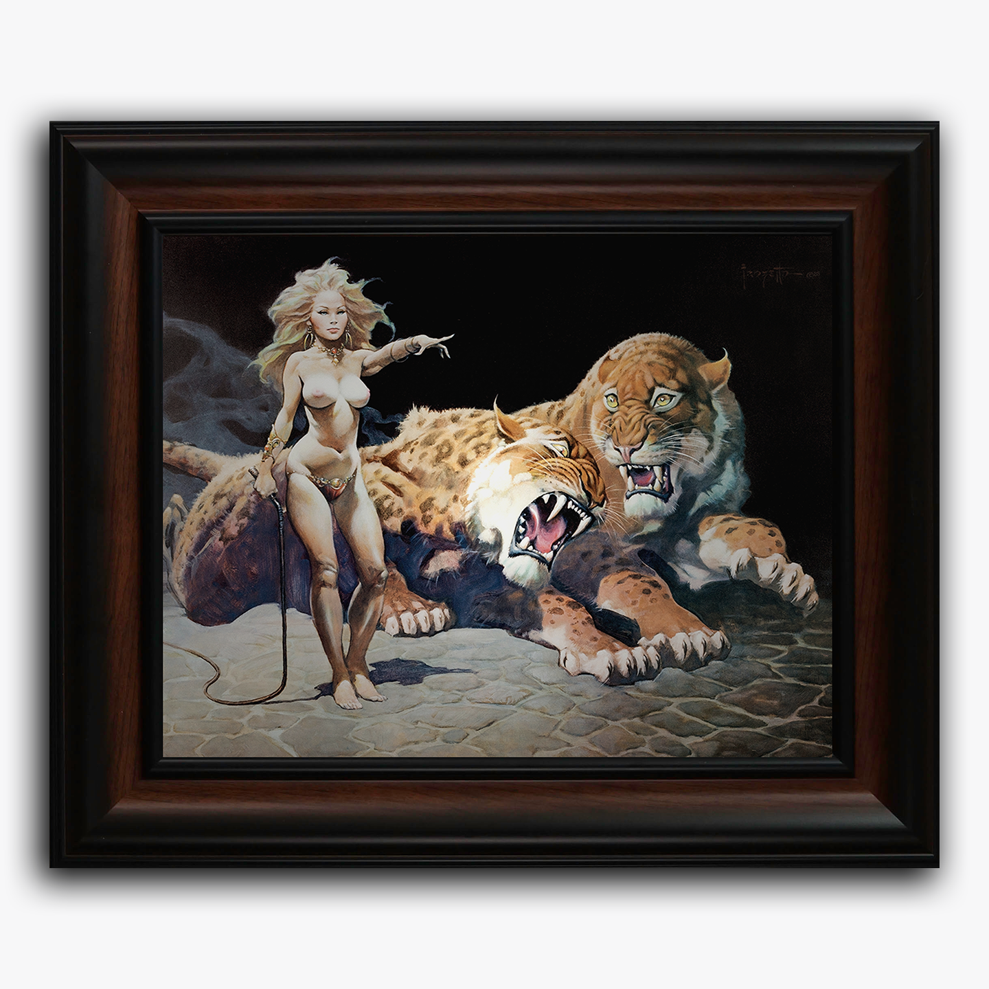Framed art print of Frank Frazetta’s “The Countess,” featuring a fierce, commanding woman standing beside a snarling cat on a desolate landscape under dramatic lighting.