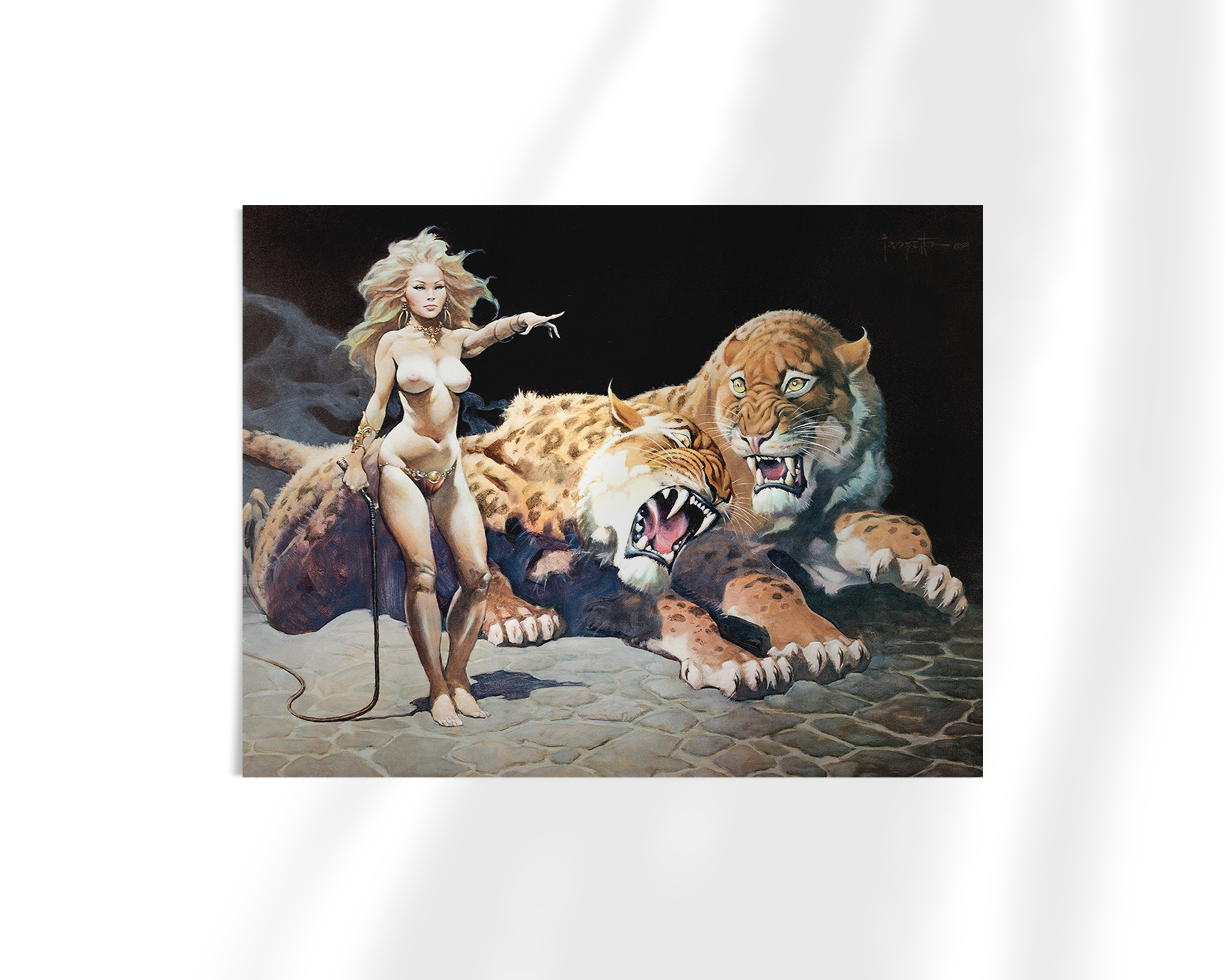 Unframed fine art print of Frazetta’s “The Countess,” showing a confident female figure in control of a massive, snarling feline, set against a moody and barren terrain.