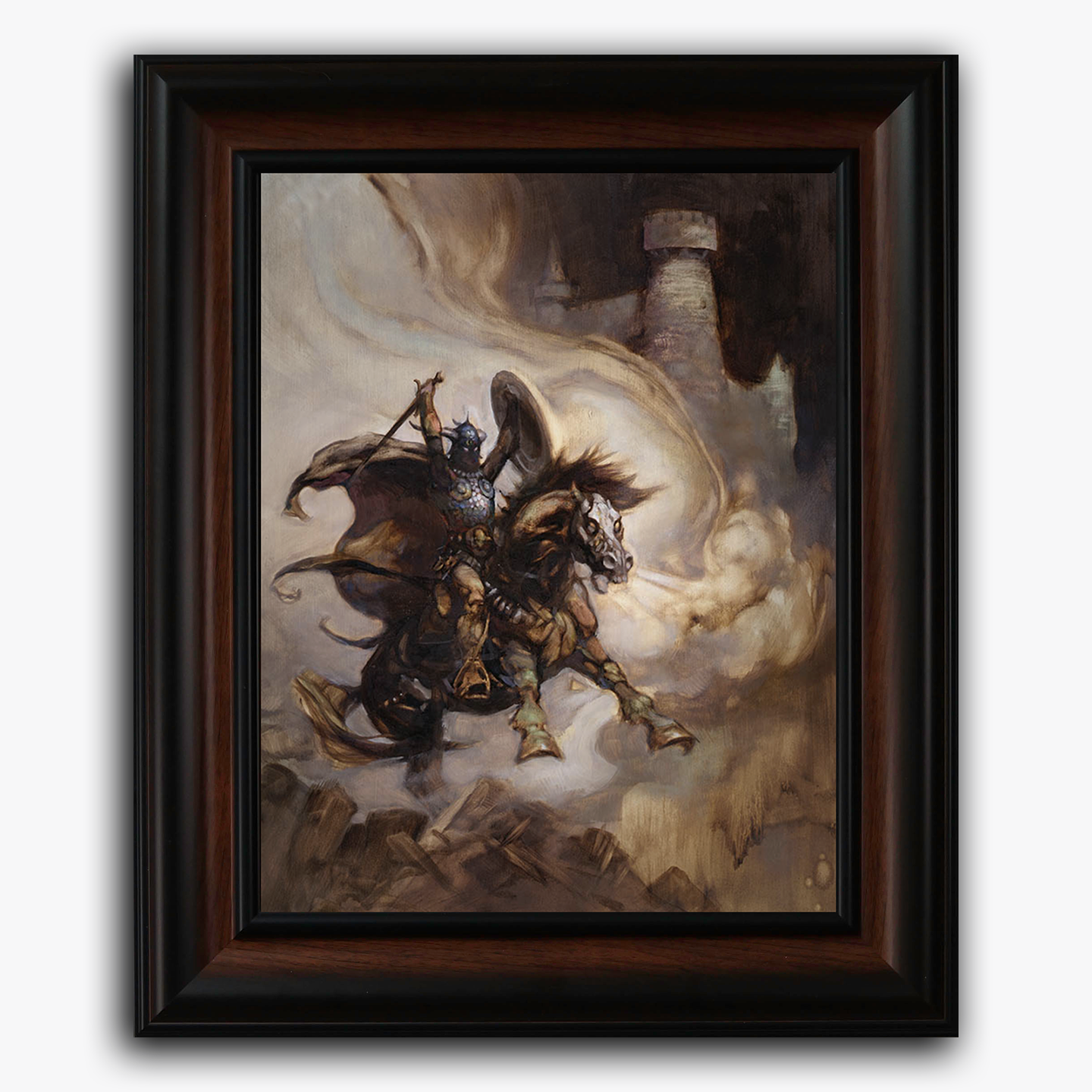 Framed fine art print of Frank Frazetta’s “The Defender,” featuring a warrior on horseback emerging from swirling smoke before a fortress.