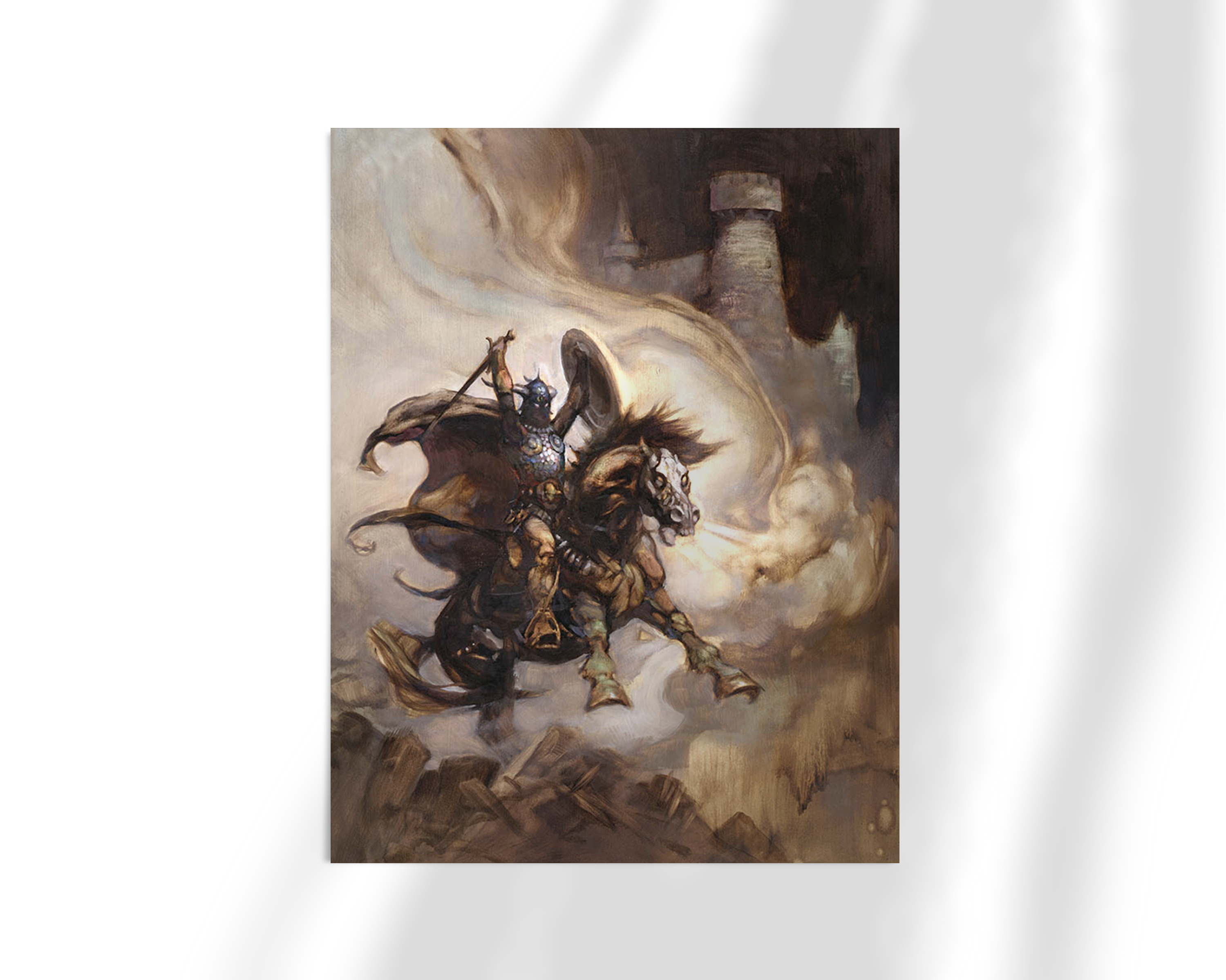 Unframed fine art print of “The Defender” by Frank Frazetta, showcasing a battle-ready rider amidst dramatic clouds and castle towers.